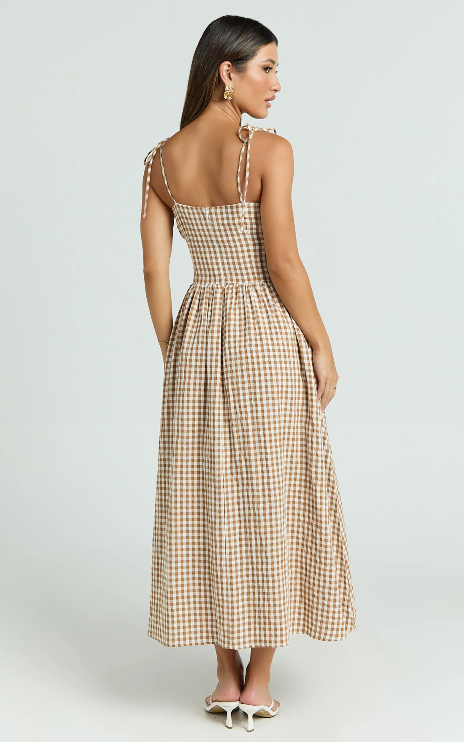 Austin Midi Dress - Straight Neck Gathered Bust Fitted Corset Drop Waist Gathered Skirt Dress in Caramel and White Gingham