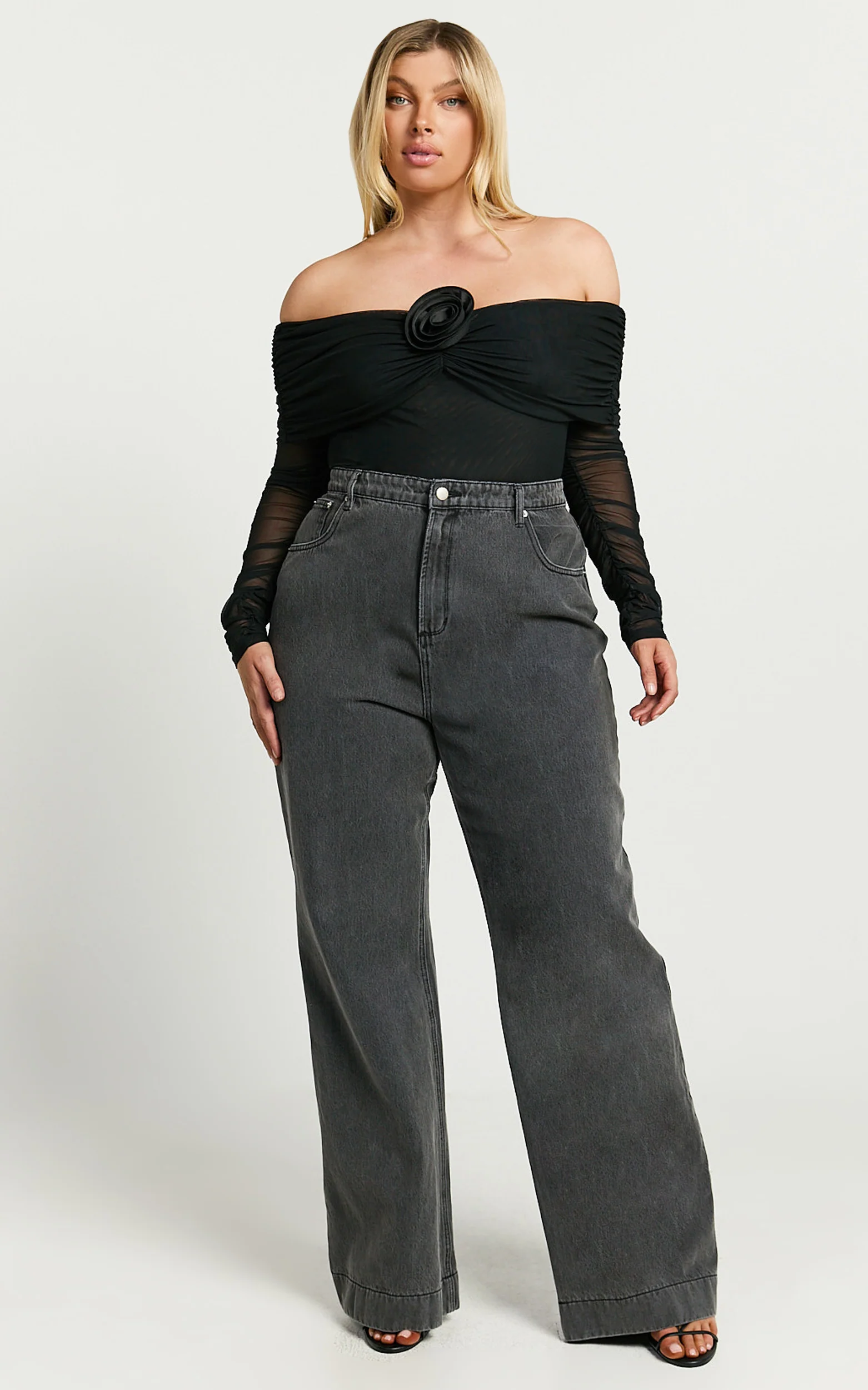 Seraphina Bodysuit - Off Shoulder Long Sleeve Detachable Rosette Mesh Bodysuit in Black