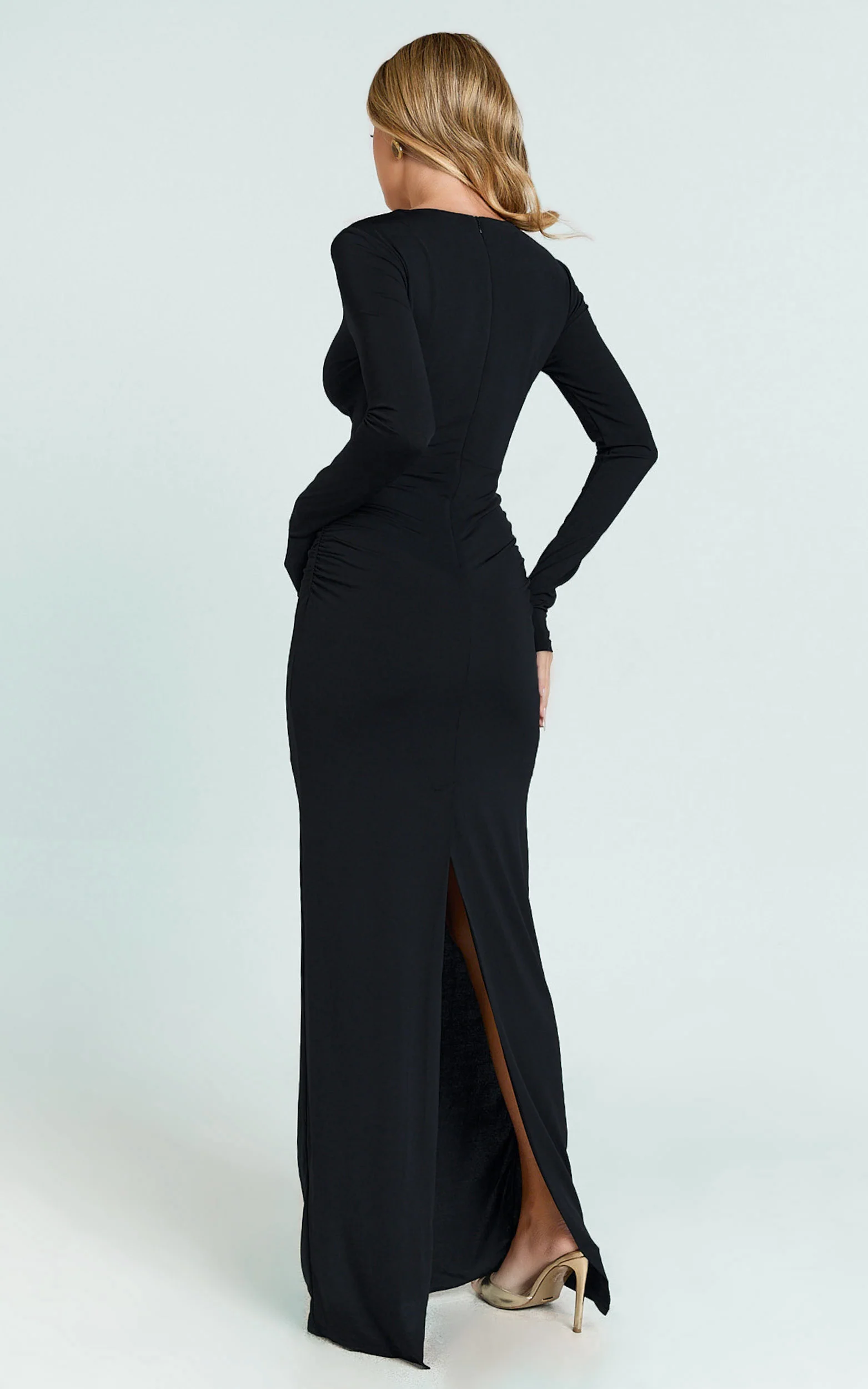 Dakota Maxi Dress - Long Sleeve V Neck Bodycon Dress in Black
