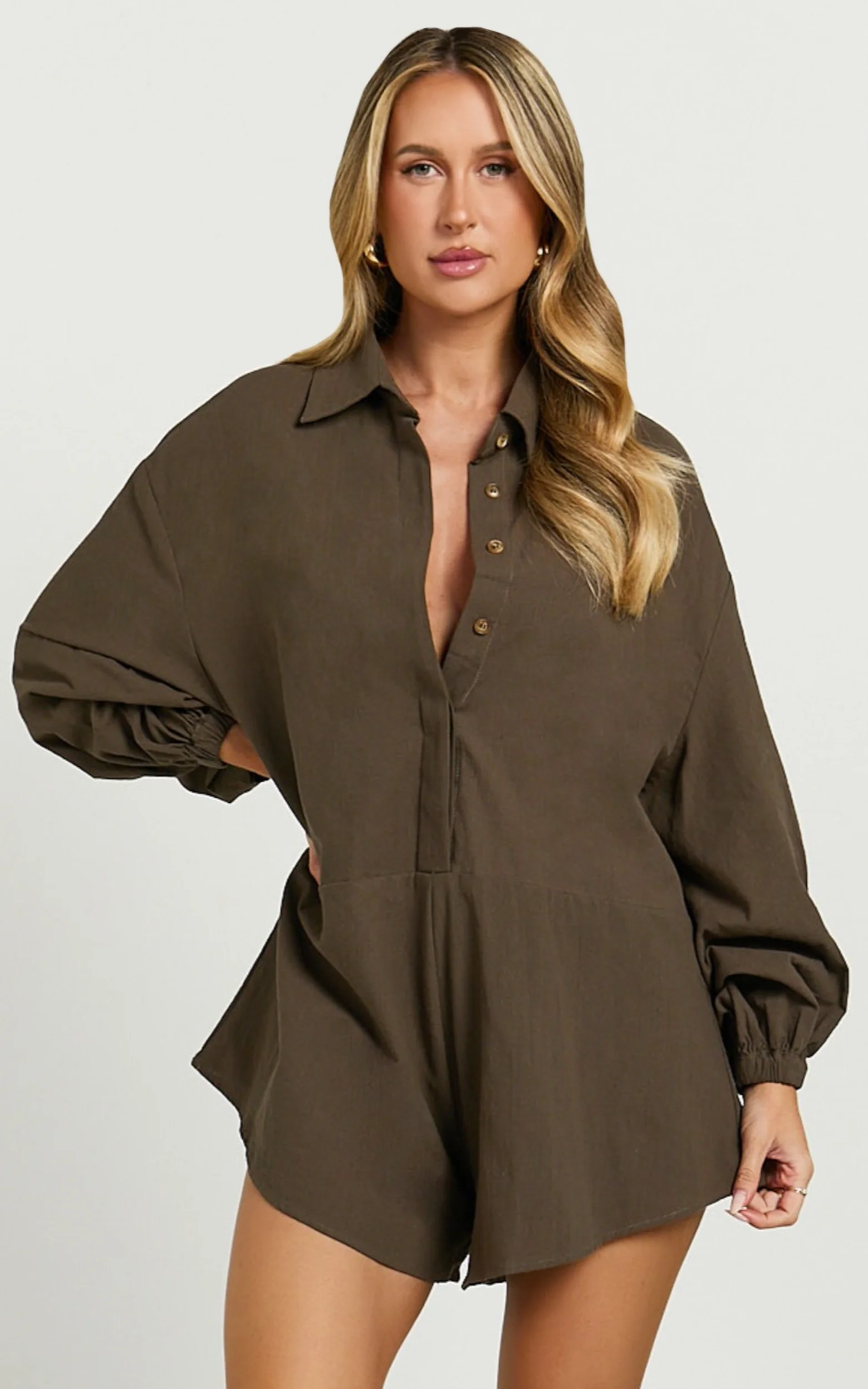 Anka Playsuit - Relaxed Button Front Shirt Playsuit in Khaki