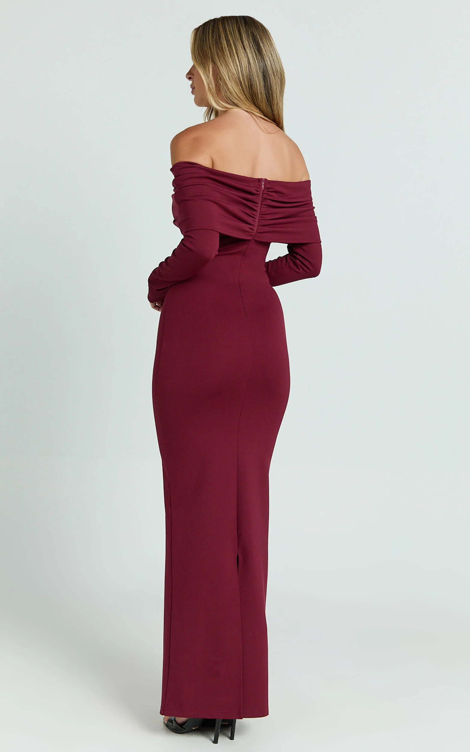 Rani Maxi Dress - Off Shoulder Long Sleeve Bodycon Dress in Wine