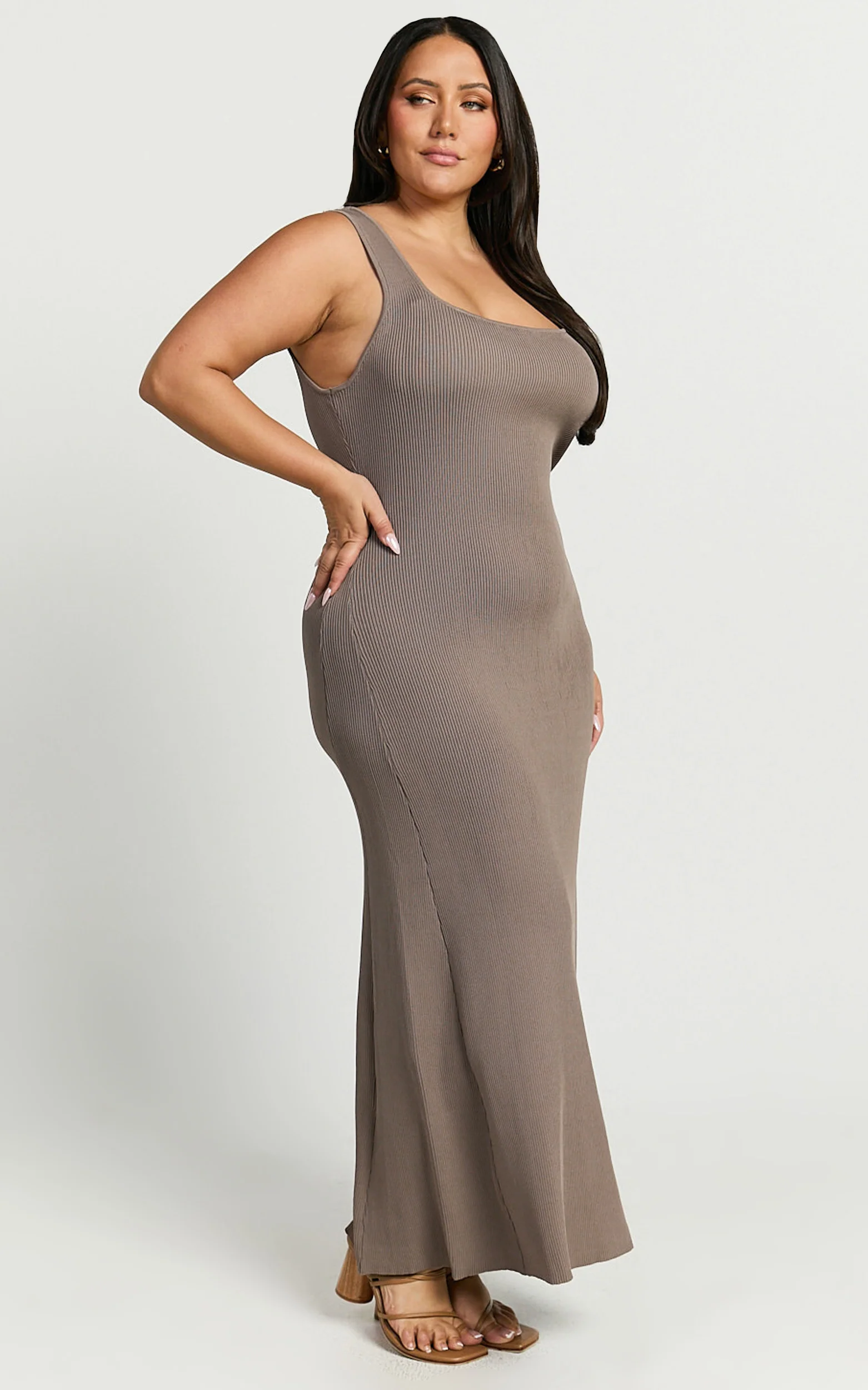 Shelley Maxi Dress - Knitted Scoop Neck Slip Dress in Taupe