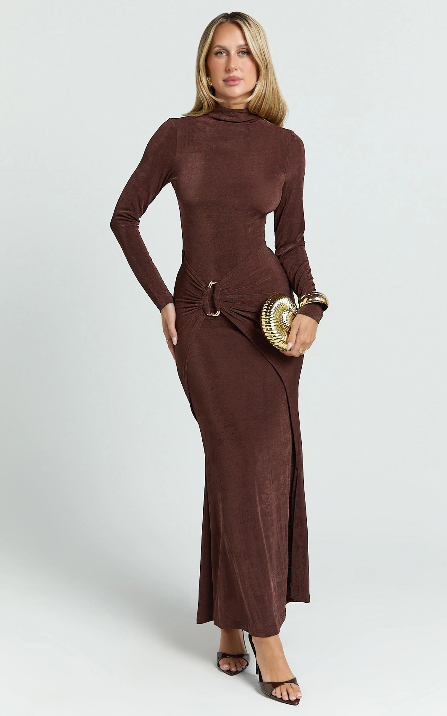Maxime Maxi Dress - Long Sleeve Twist Front Dress in Chocolate