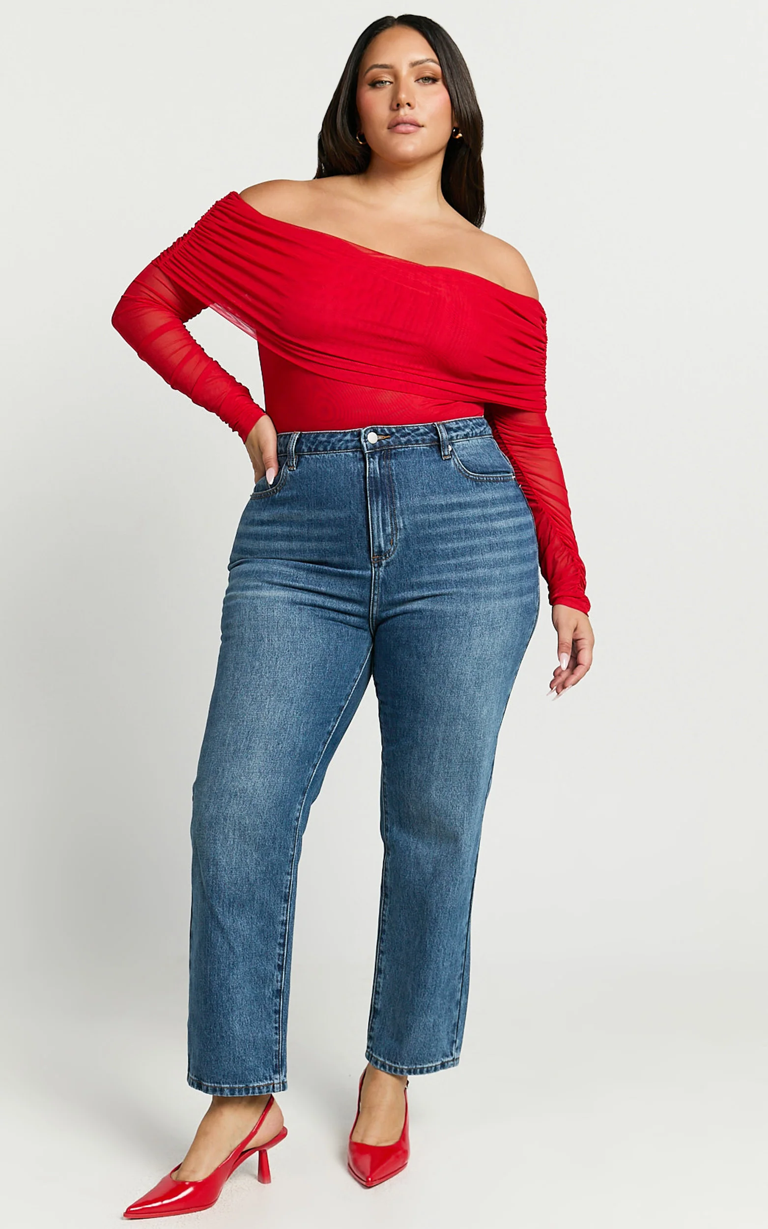 Jaythen Bodysuit - Long Sleeve Off Shoulder Ruched Mesh Bodysuit in Red