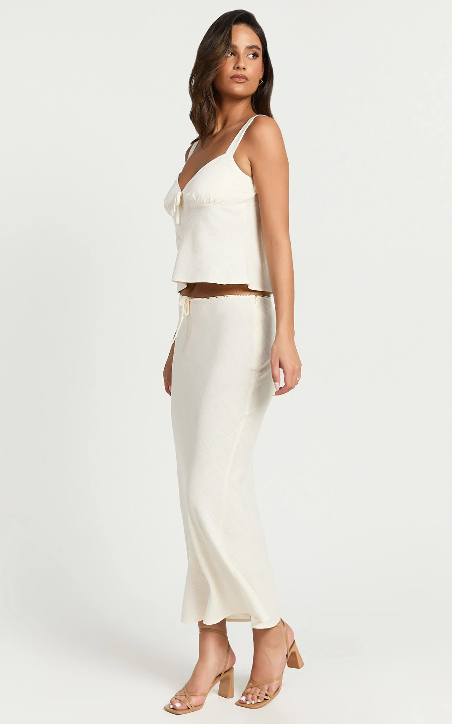 Polly Midi Skirt - Linen Low Waisted Front Bow Slip Skirt in Stone