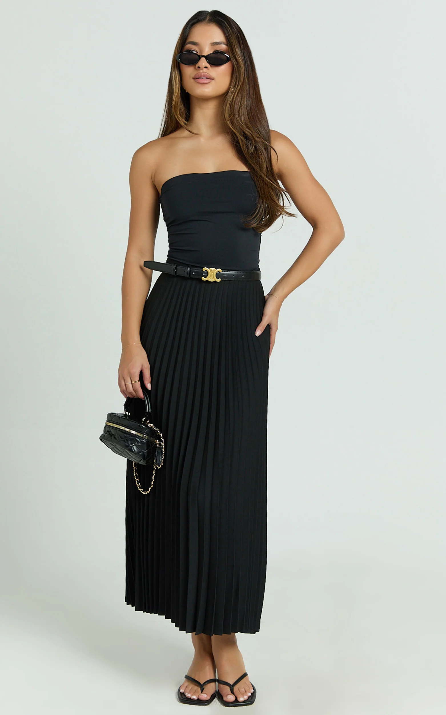 Harlee Midi Skirt - Pleated High Waist A Line Skirt in Black