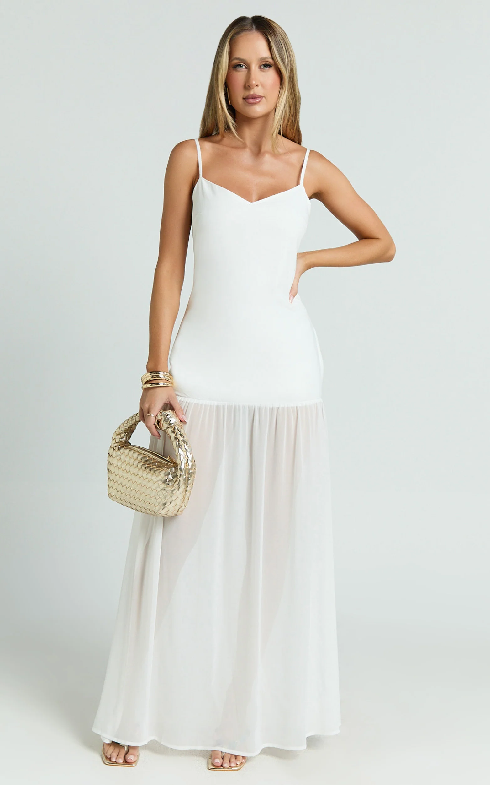 Calvin Maxi Dress - Linen Look Contrast Georgette Skirt with Neck Scarf in White