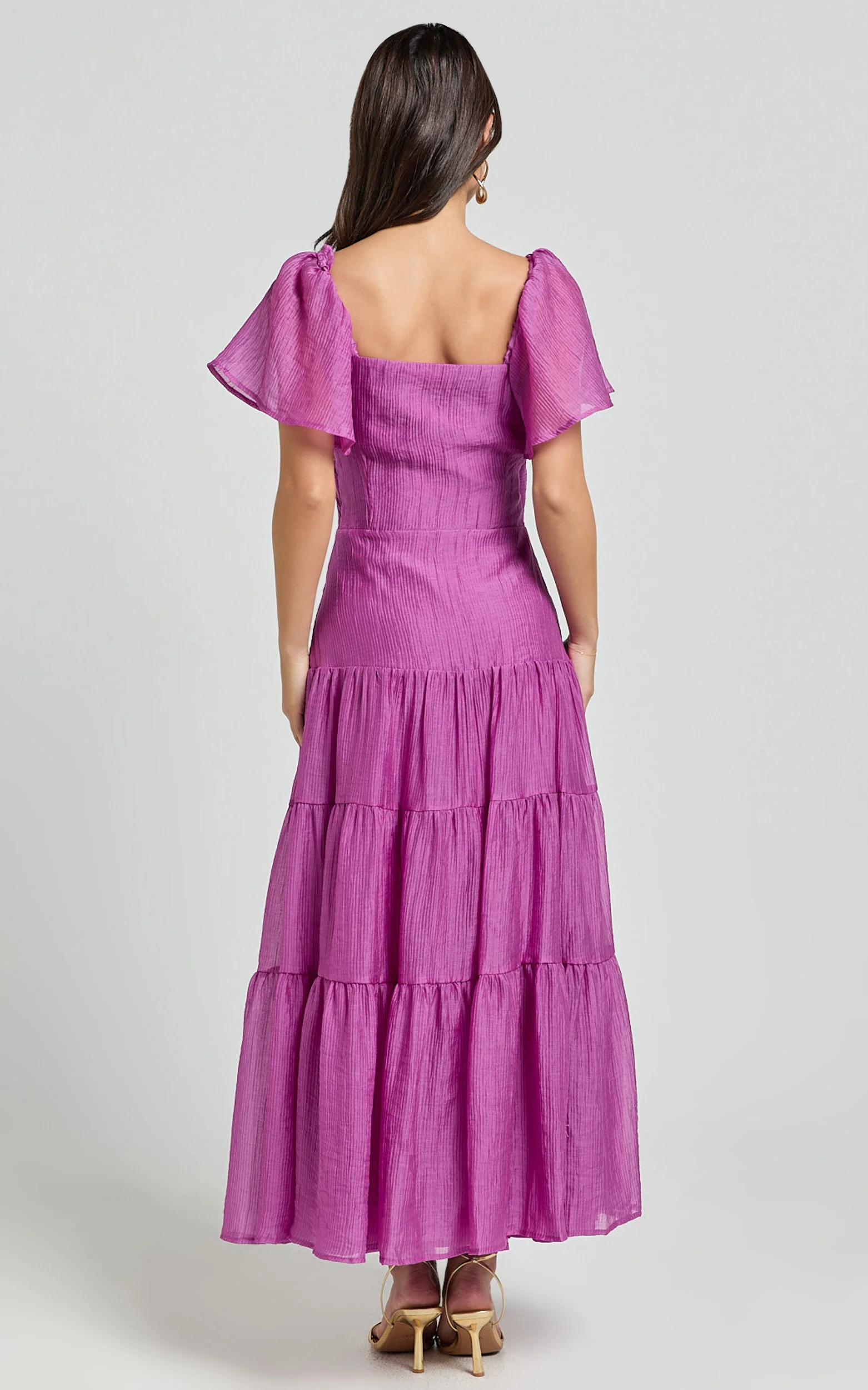 Patricia Midi Dress - Flutter Sleeve Tie Front Tiered Dress in Orchid
