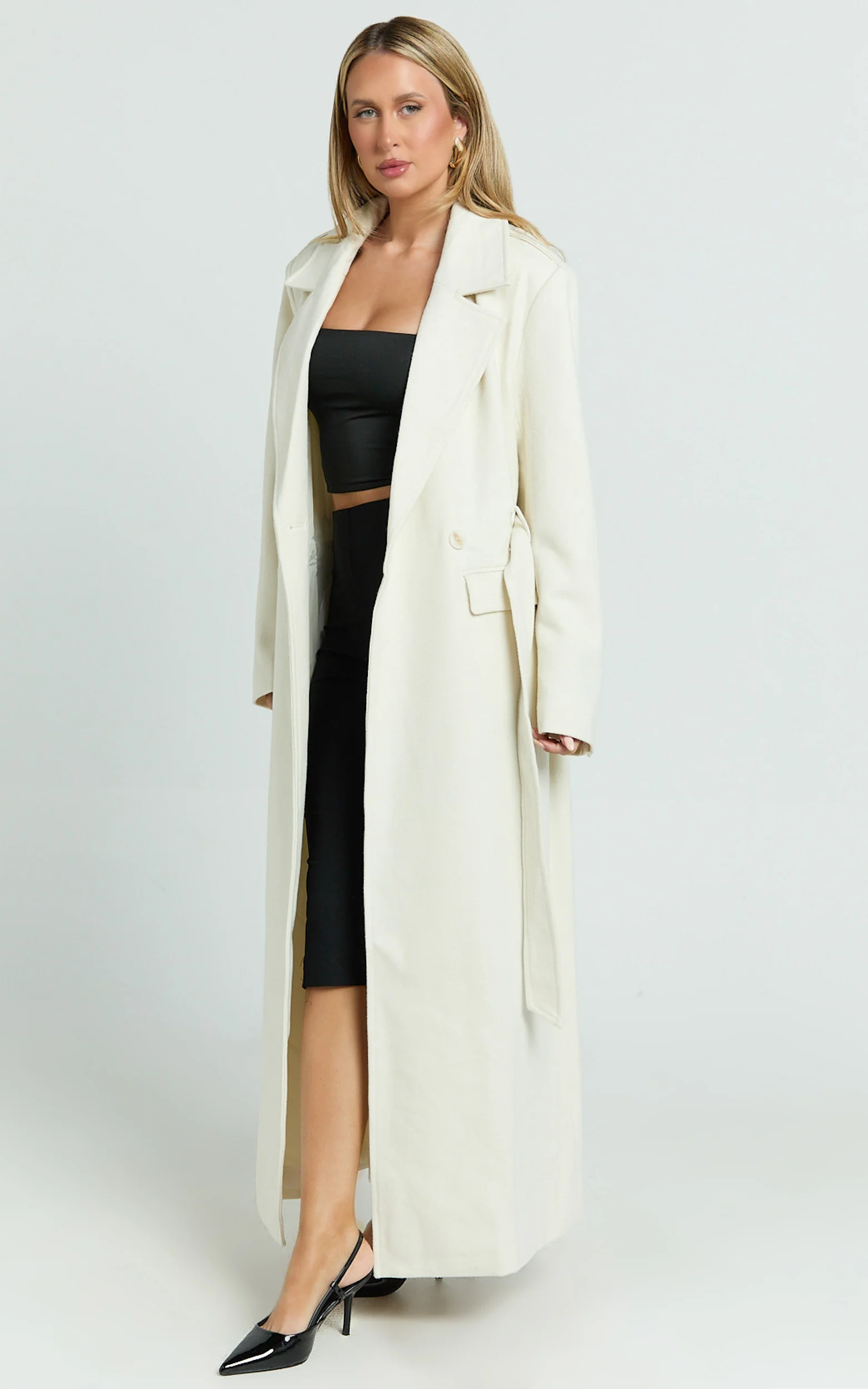 Farah Coat - Single Breasted Oversized Longline Wrap Coat in Off White