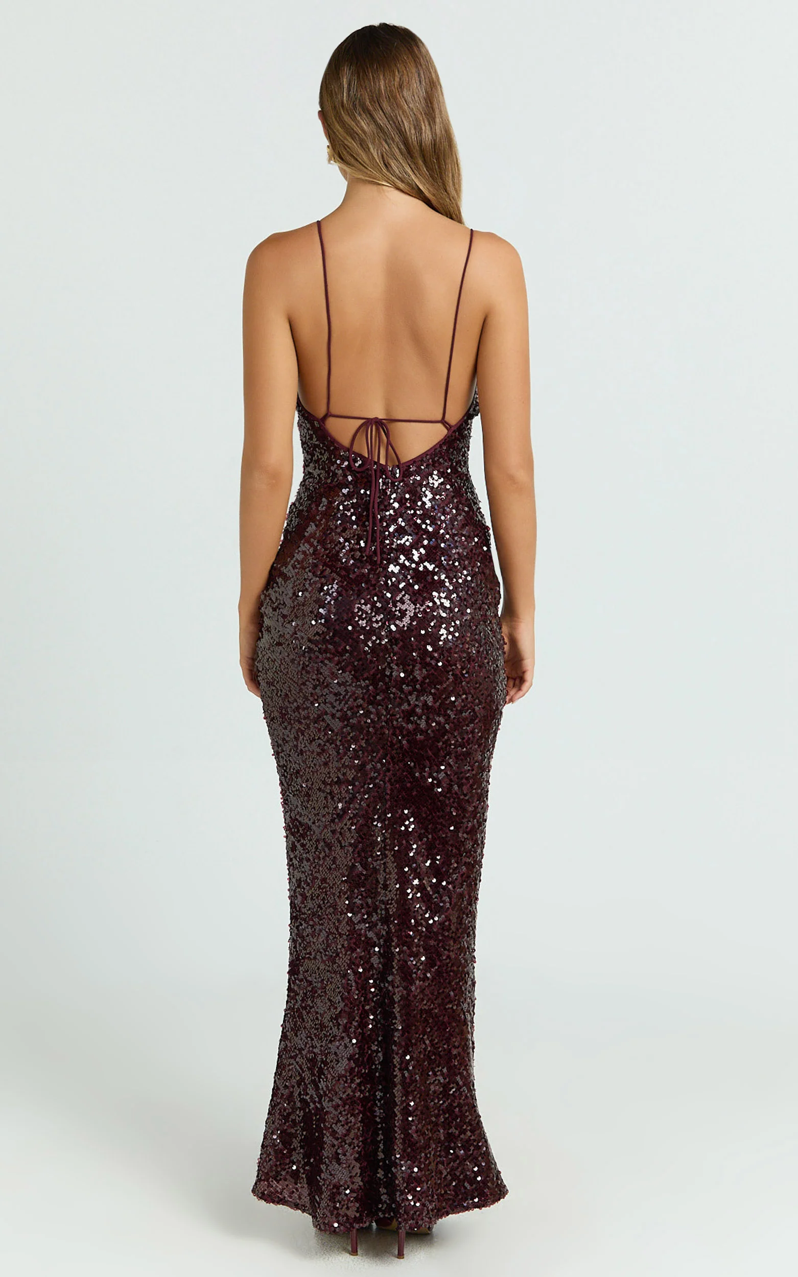 Finn Maxi Dress - Plunge Neck Sheer Sequin Slip Dress in Wine