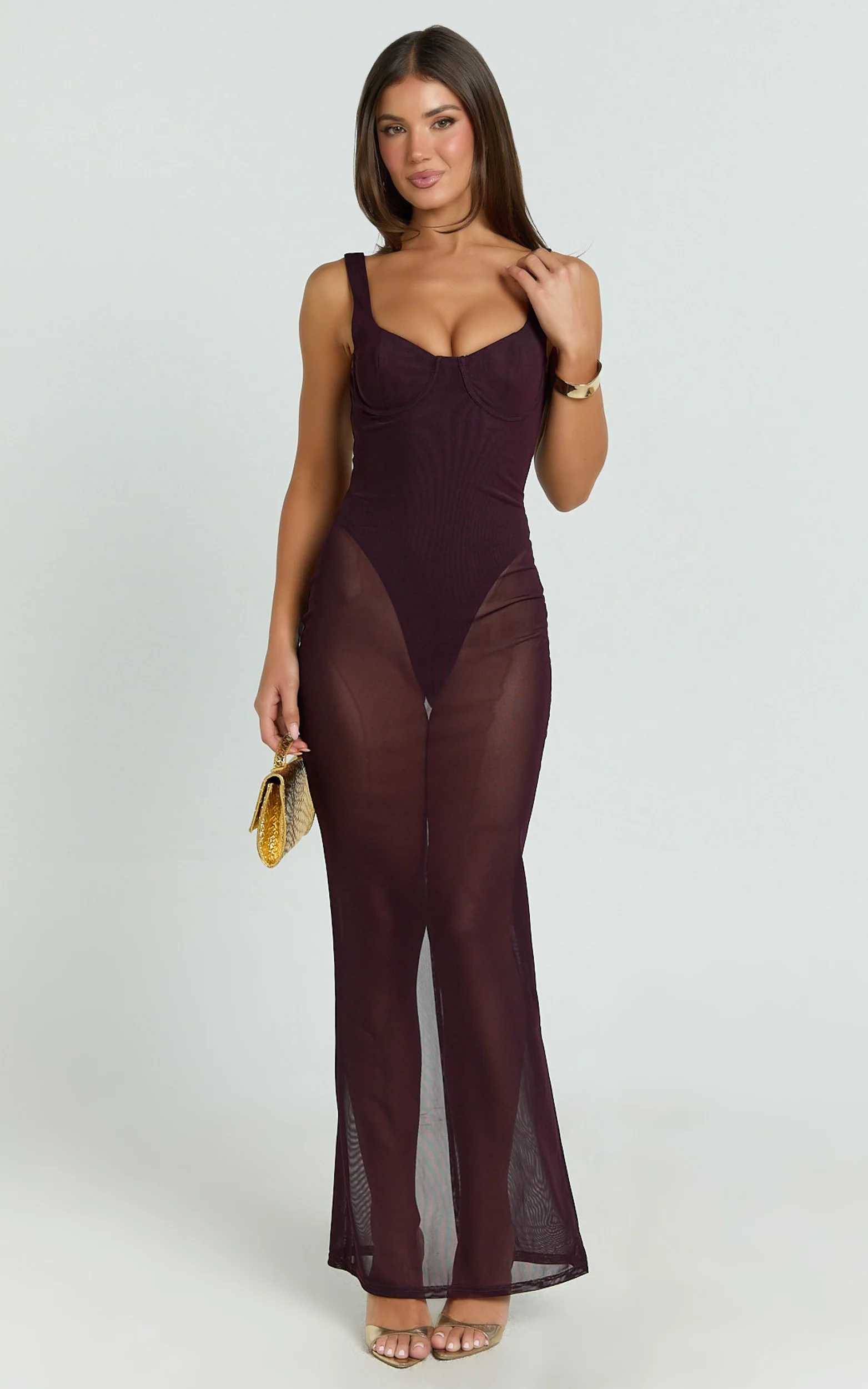 Laney Maxi Dress - Mesh Sweetheart Neck Bodycon Dress in Plum