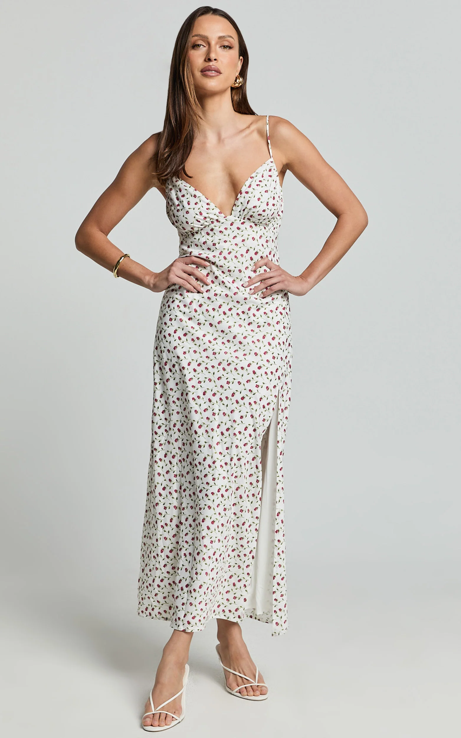 Elle Midi Dress - Ruched Bust Tie Strap Dress in White Floral