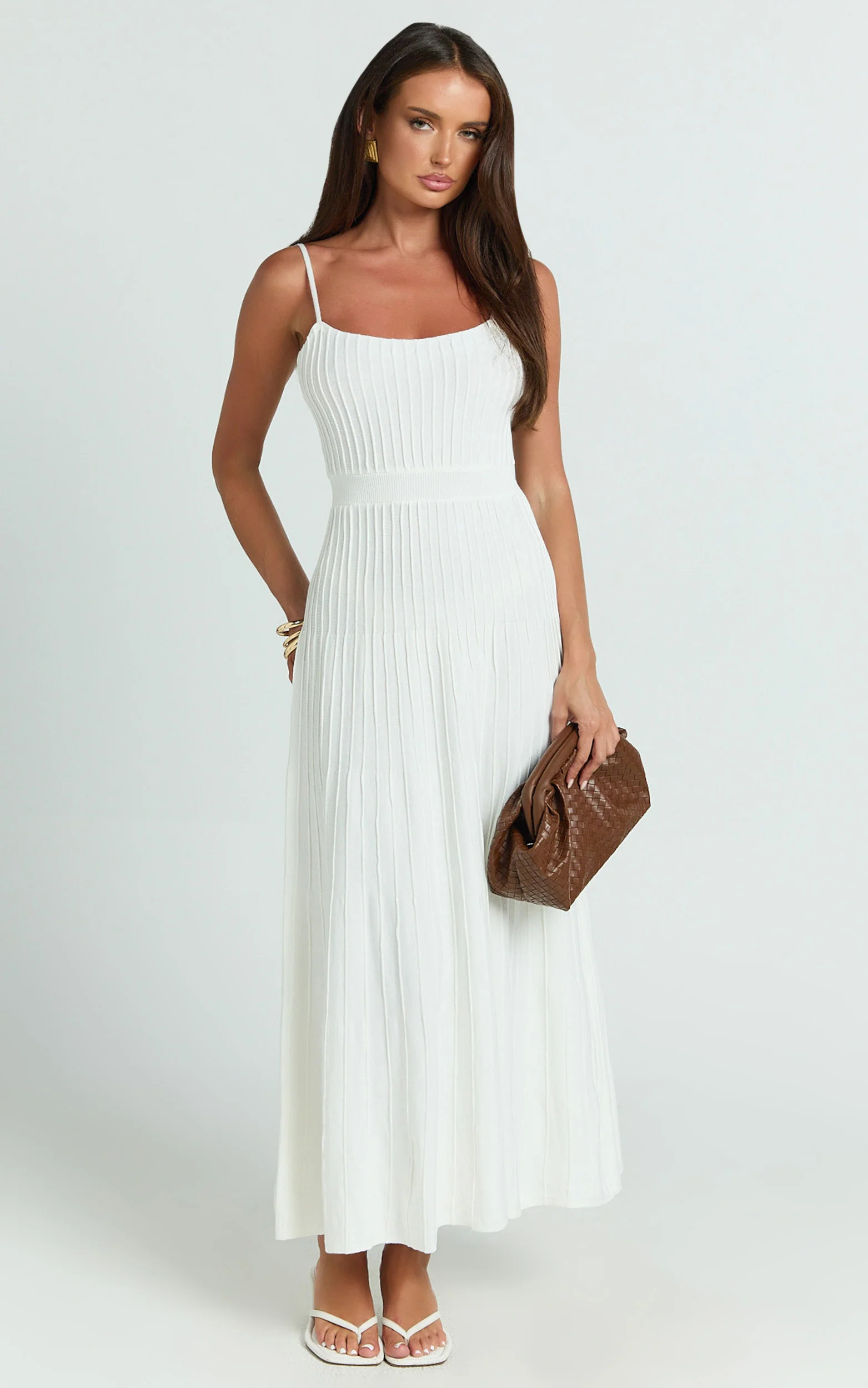 Donissa Midi Dress - Panelled Knit Dress in White