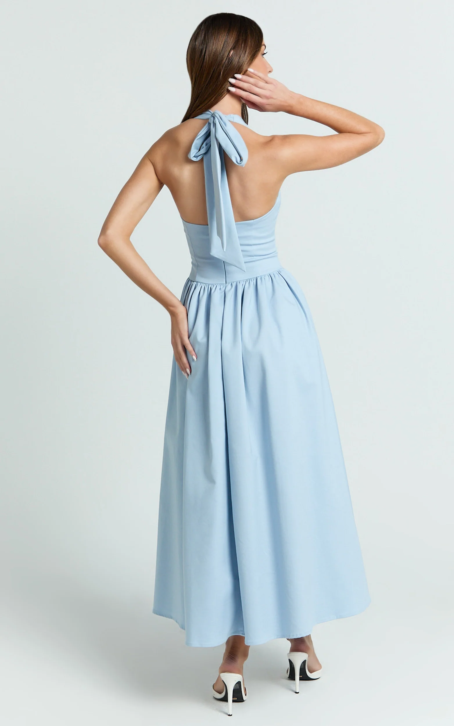 Helda Midi Dress - Halter Tie Neck Corset Panel Dress in Soft Blue