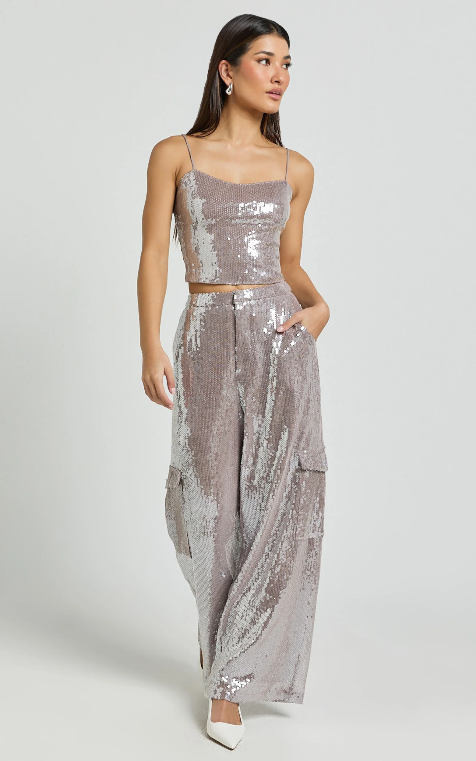 Tricia Pants - Mid Waist Cargo Pocket Sequin Pants in Grey