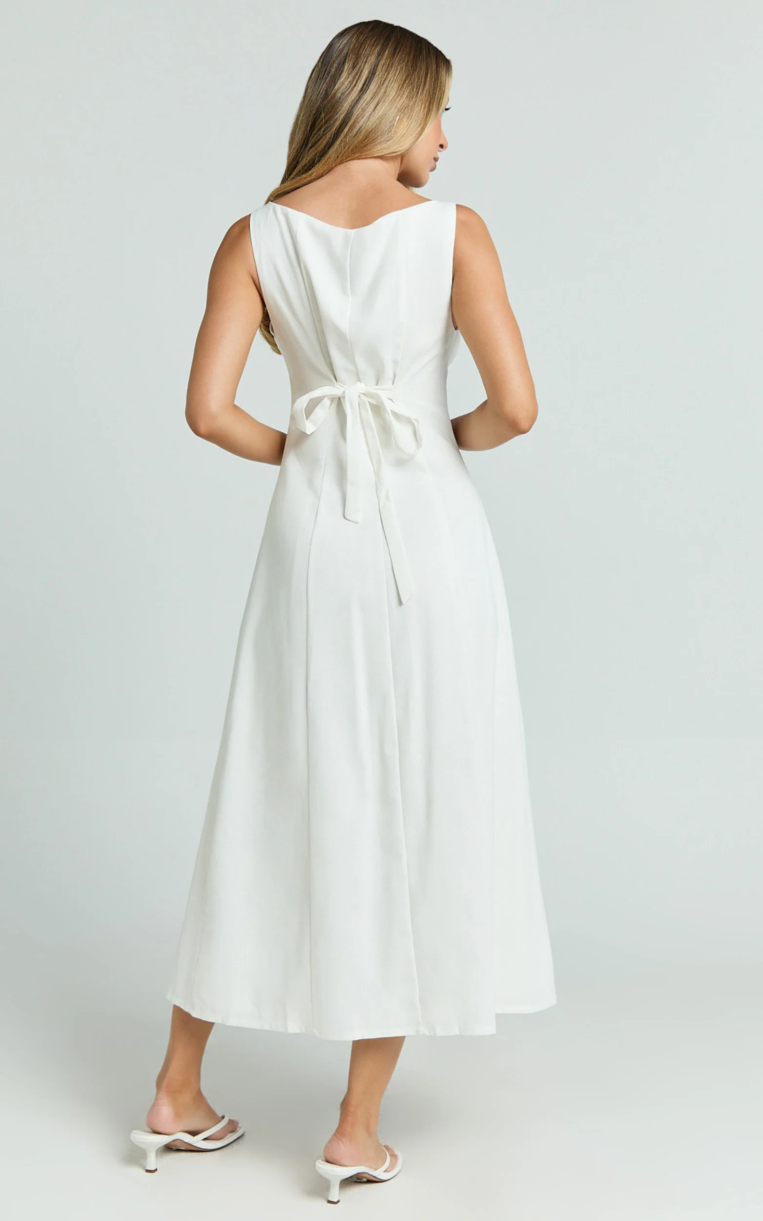 Cameron Midi Dress - Button Front Tie Back Dress in White