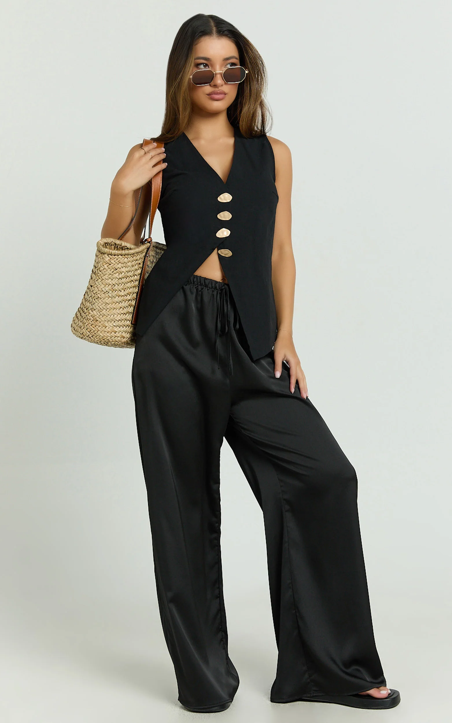Myrna Two Piece Set - Gold Hardware Waistcoat Top and Relaxed Satin Pants Set in Black