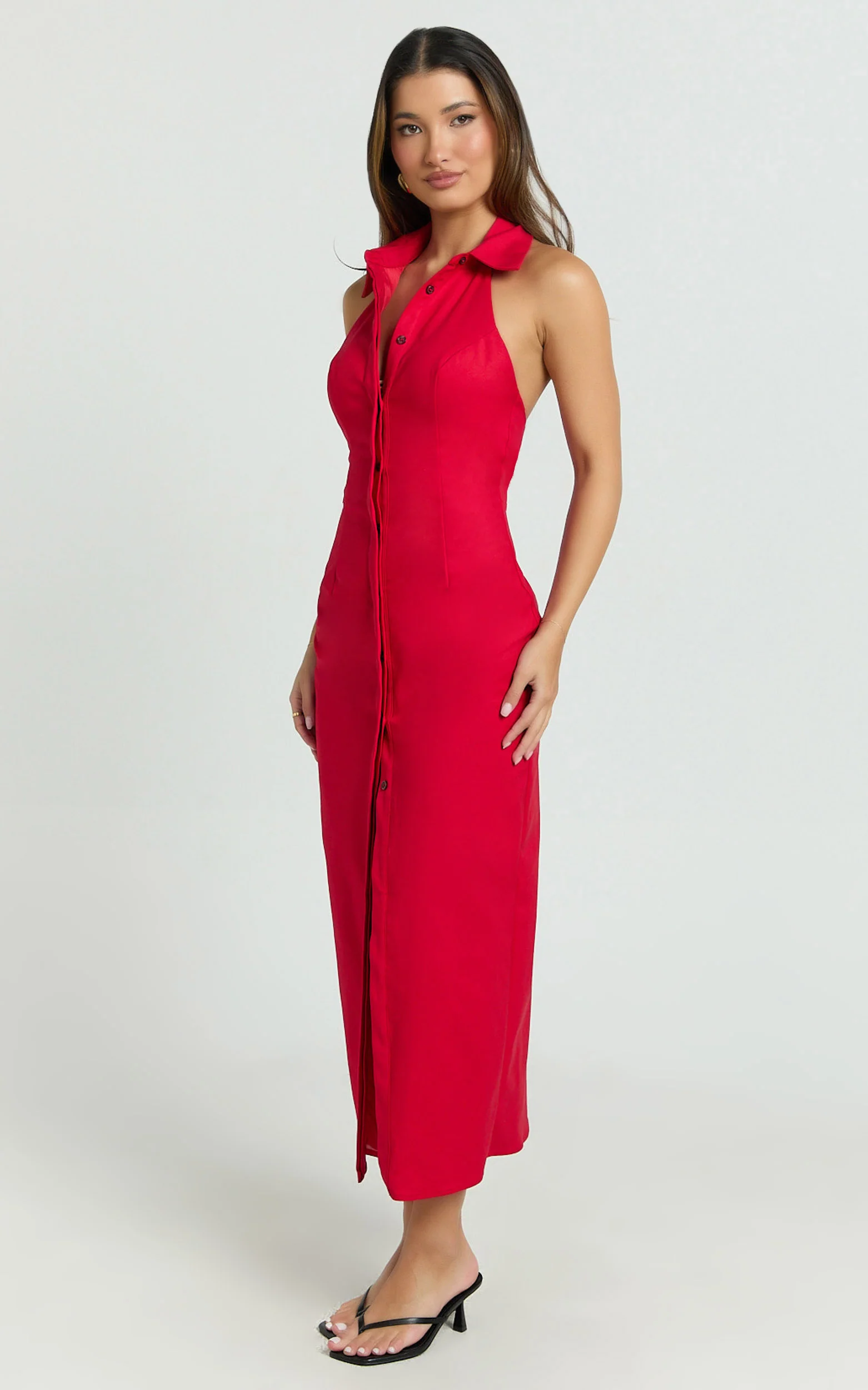 Lillibelle Midi Dress - Collared Button Down Bodycon Dress in Red