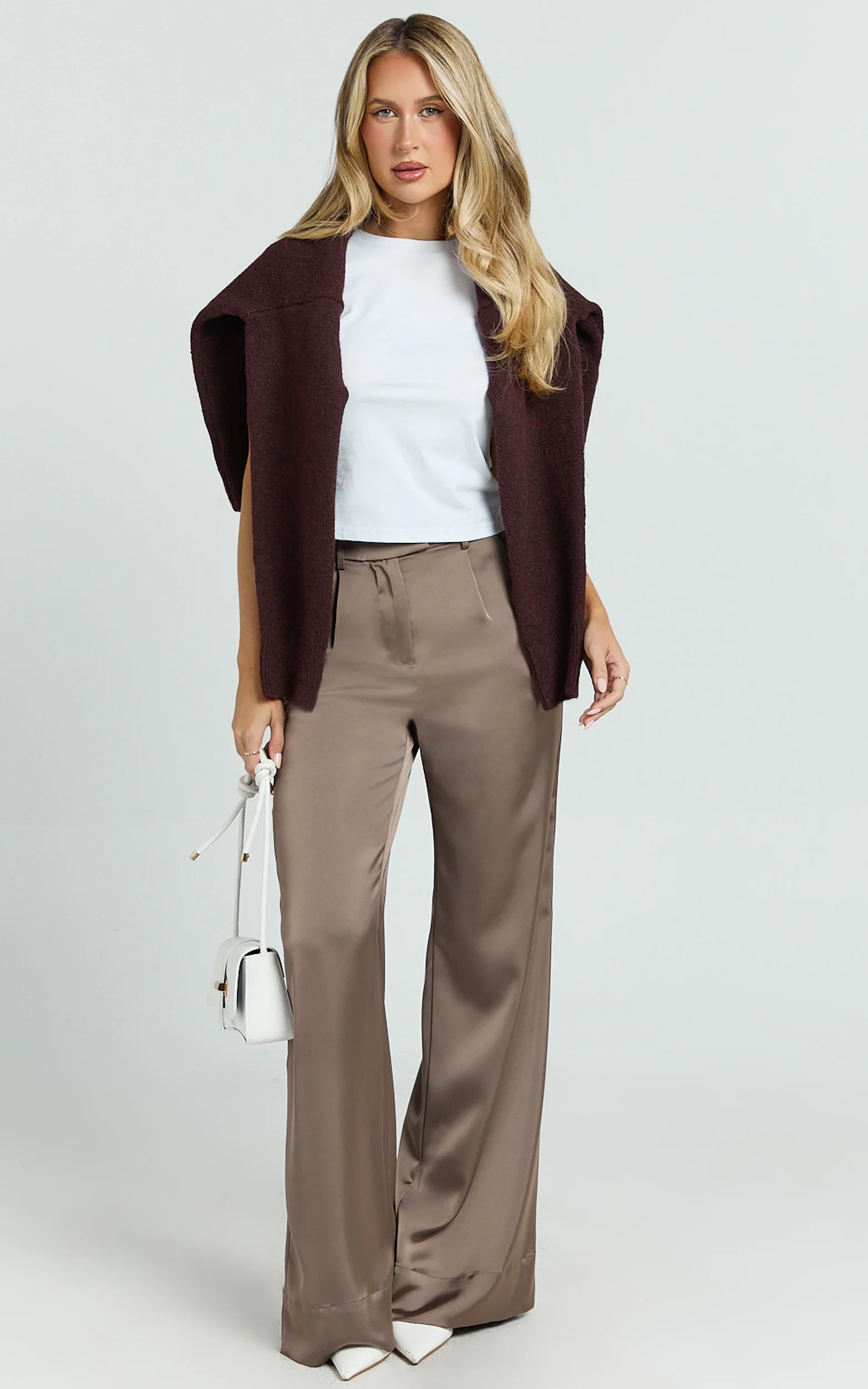 Cade Pants - Mid Waisted Front Pleat Satin Wide Leg Pants in Taupe