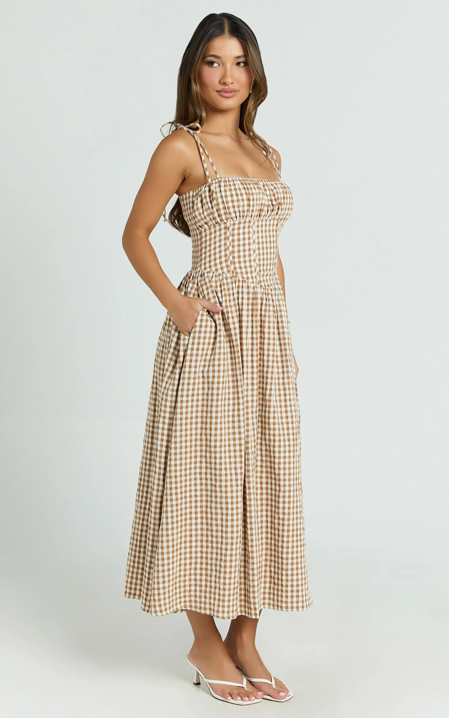 Austin Midi Dress - Straight Neck Gathered Bust Fitted Corset Drop Waist Gathered Skirt Dress in Caramel and White Gingham