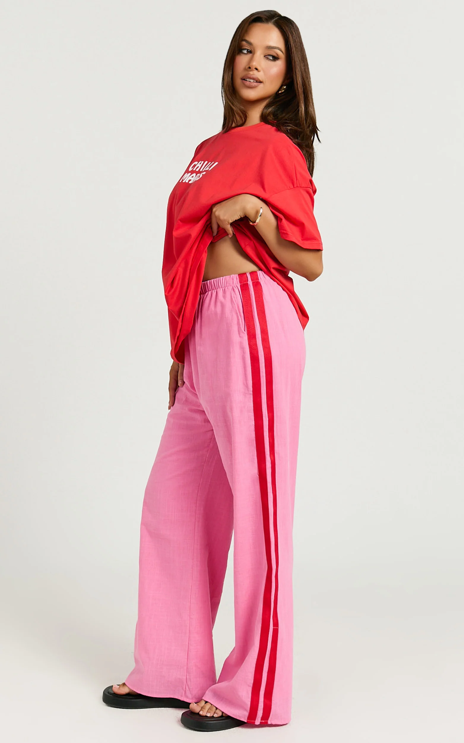 Editha Two Piece Set - Chilli Margs Oversized Tee and Stripe Pant Set in Red/Pink