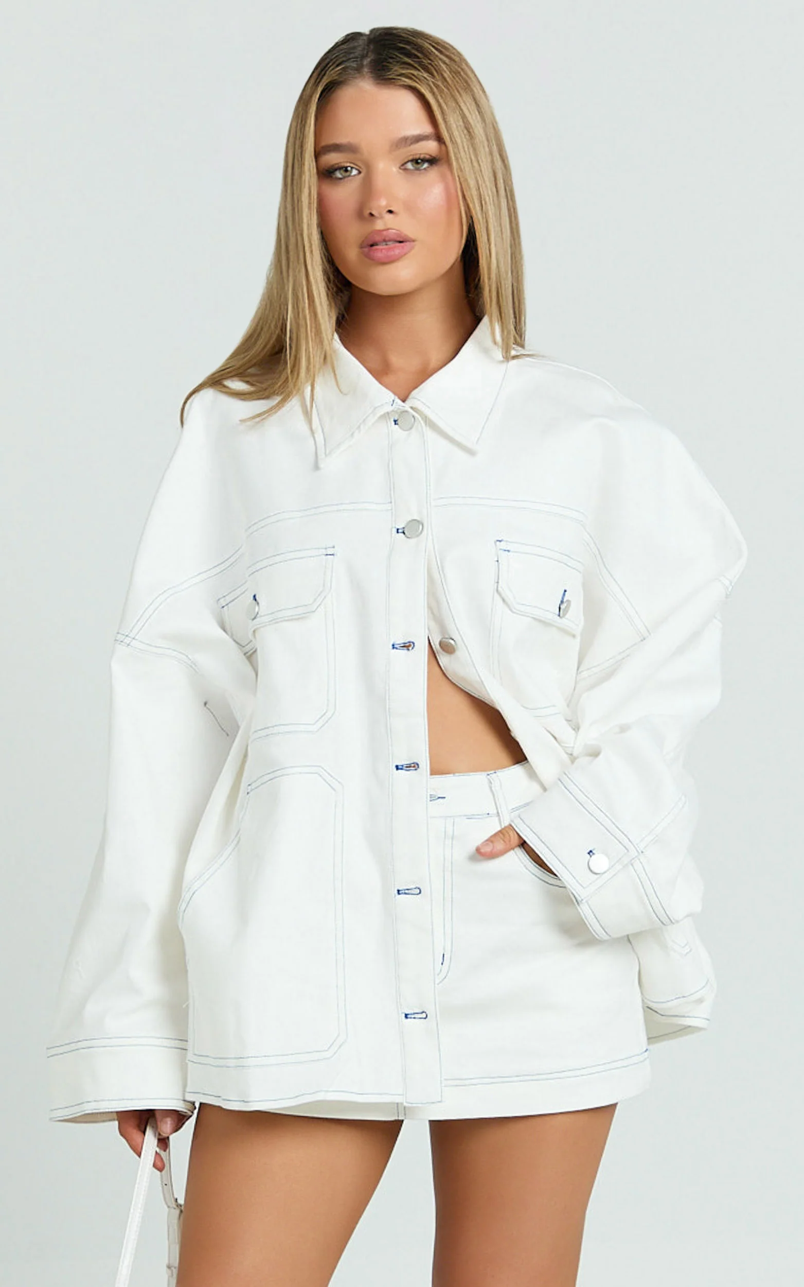 Richelle Jacket - Contrast Stitch Oversized Jacket With Contrast Stitch Detail in Off White