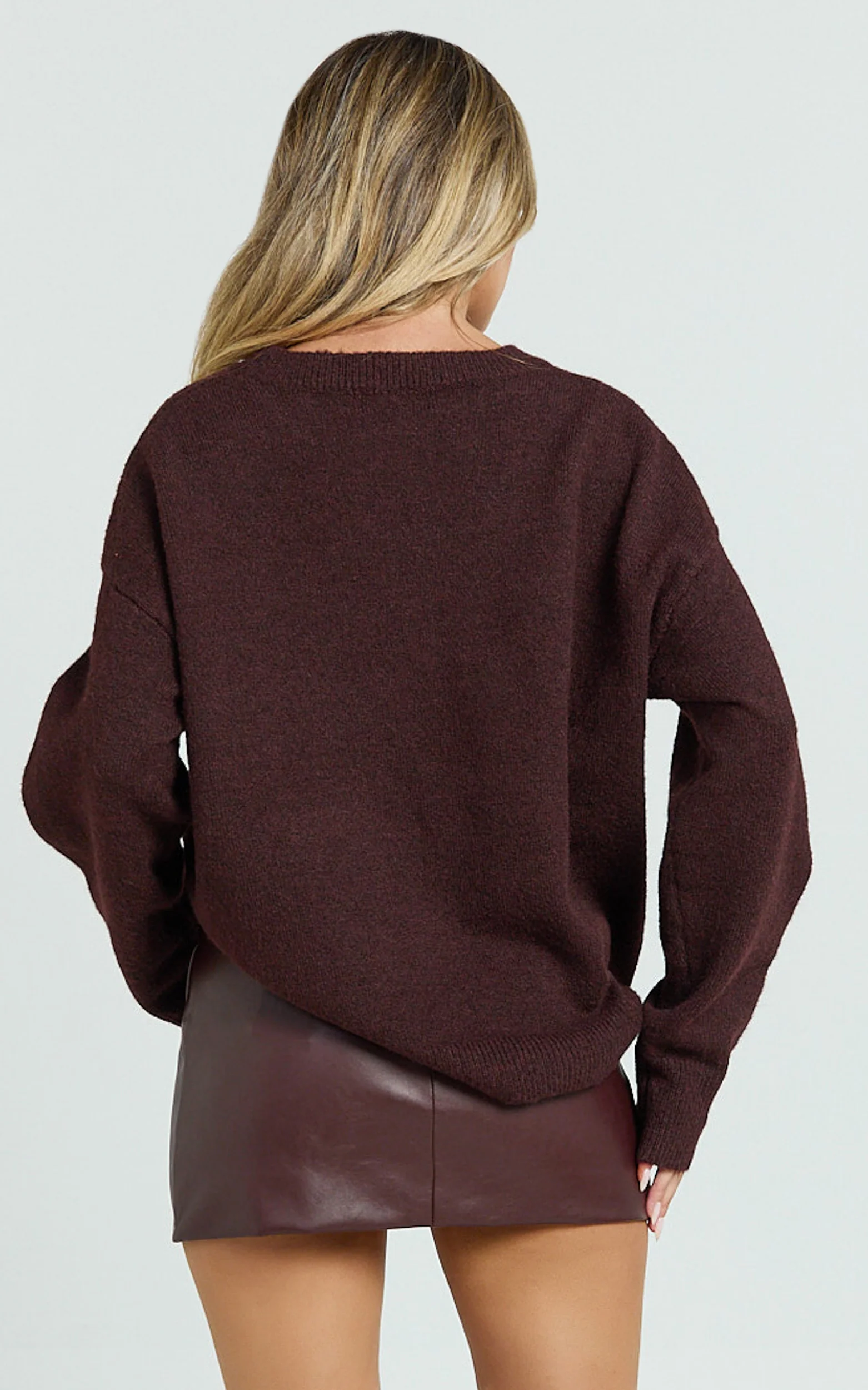 Amanda Top - Crew Neck Long Sleeve Knit Sweater in Burgundy