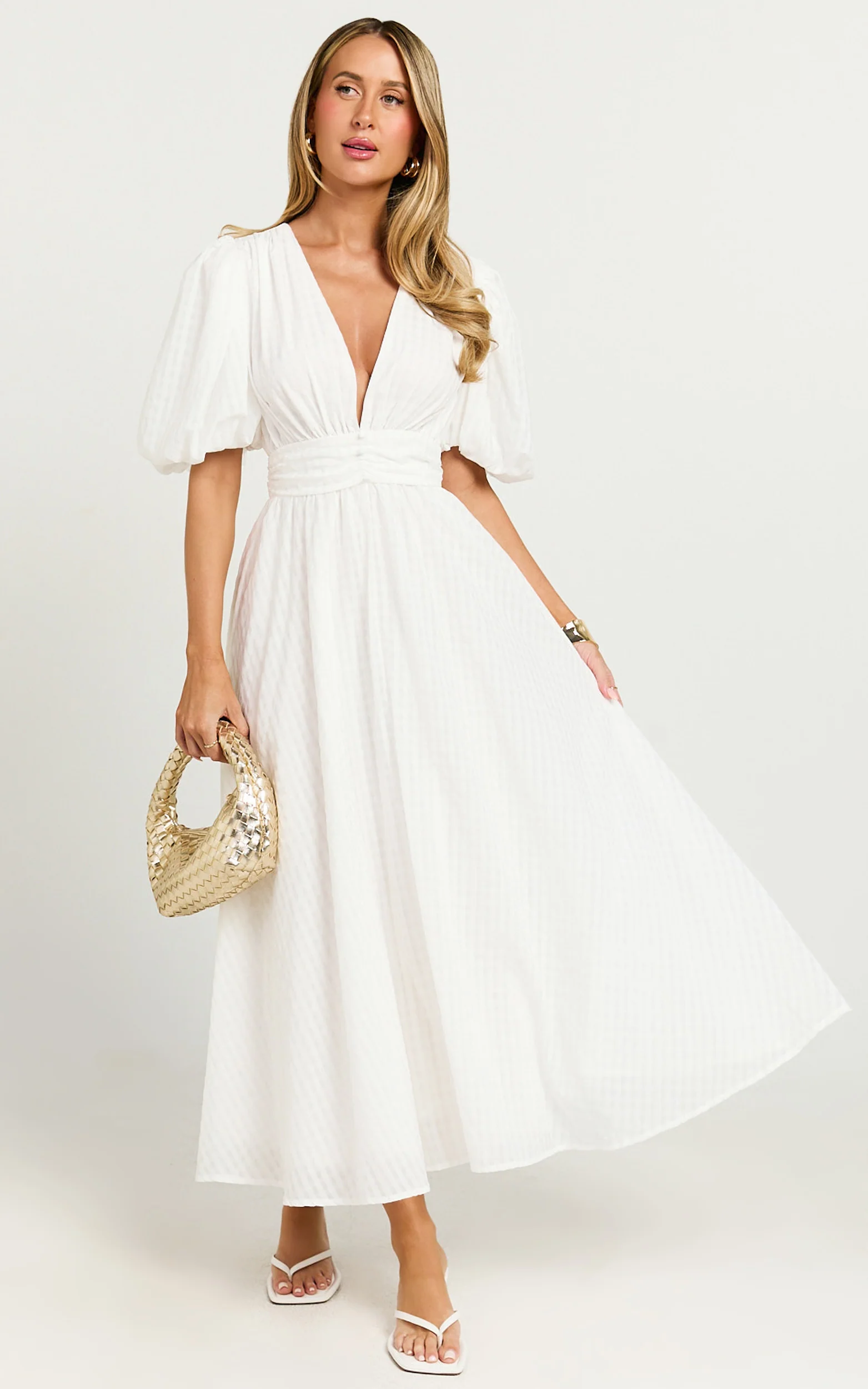 Xandy Midi Dress - Textured Puff Sleeve Plunge Dress in White