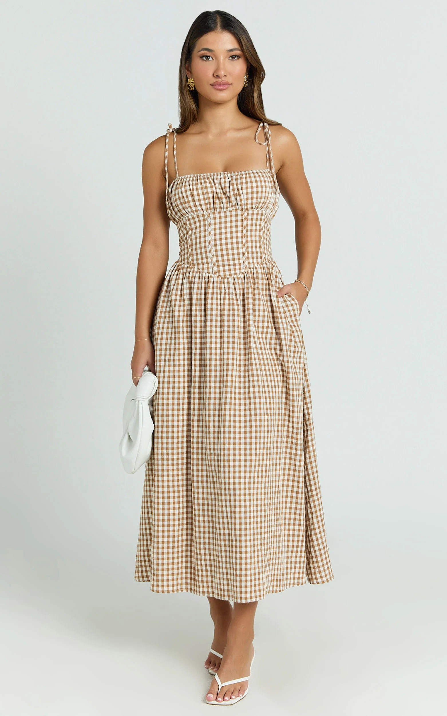 Austin Midi Dress - Straight Neck Gathered Bust Fitted Corset Drop Waist Gathered Skirt Dress in Caramel and White Gingham