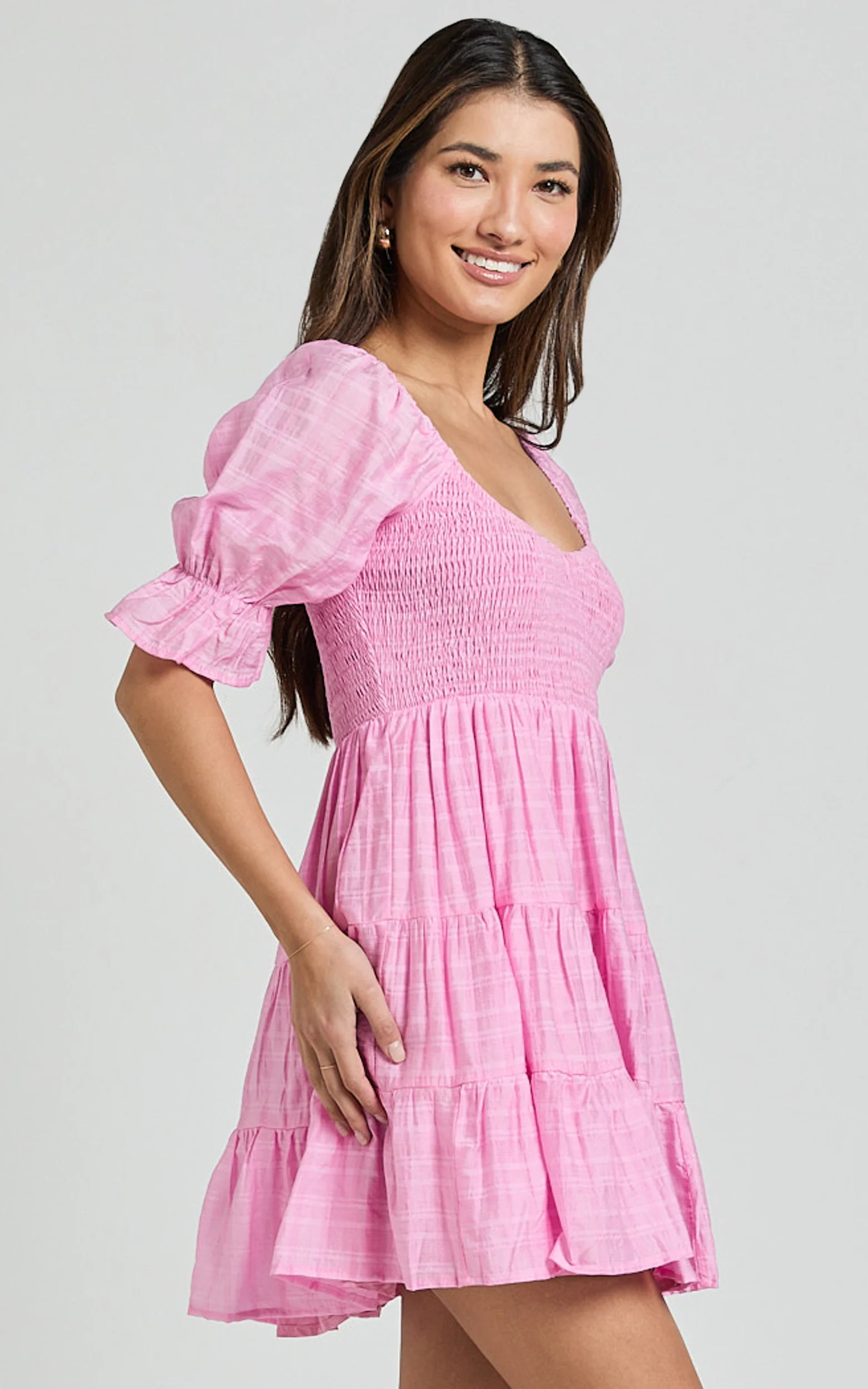Britany Mini Dress - Shirred Puff Sleeve Tiered Dress in Pink