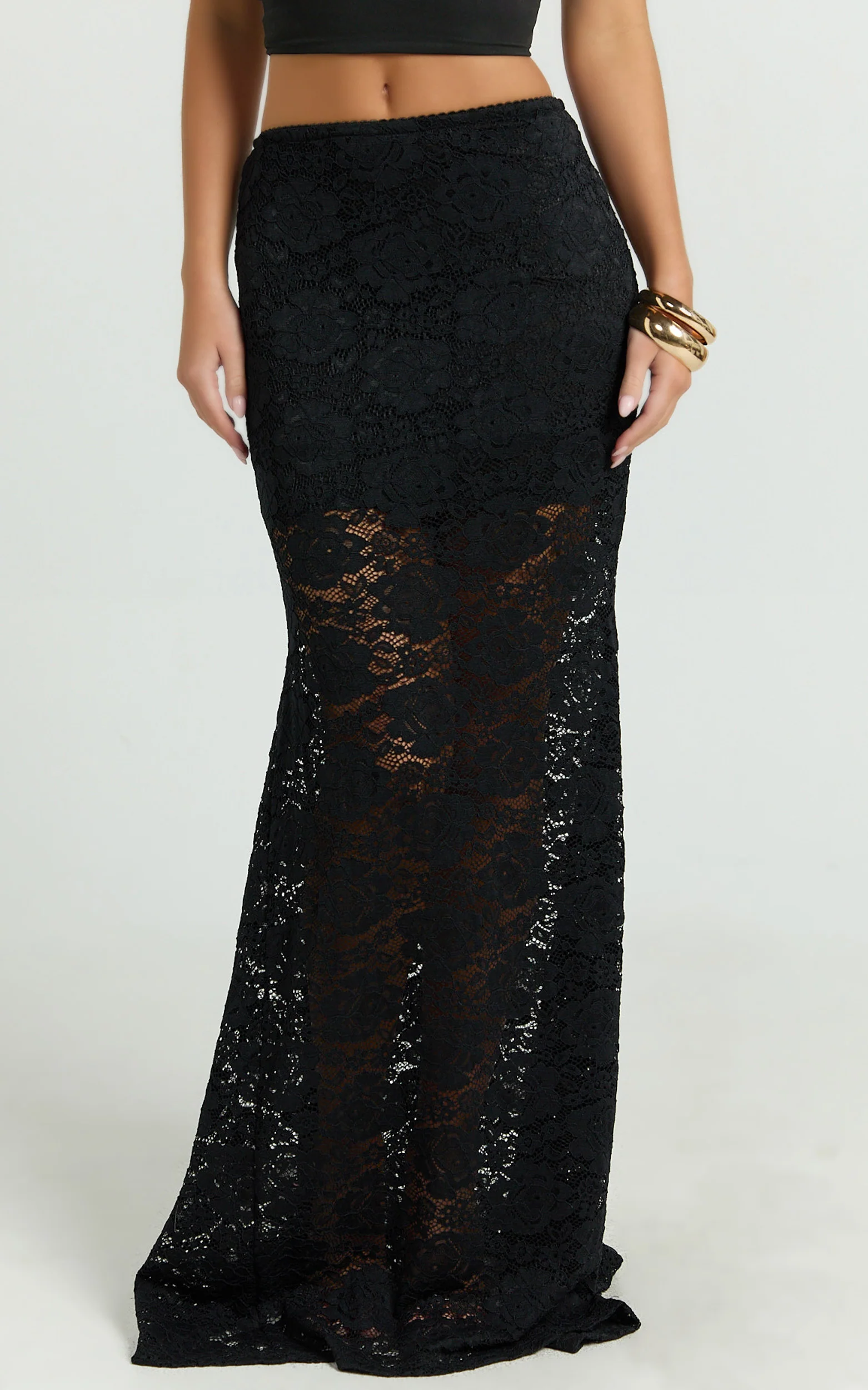 Kamille Maxi Skirt - Lace Mermaid Hem Skirt in Black