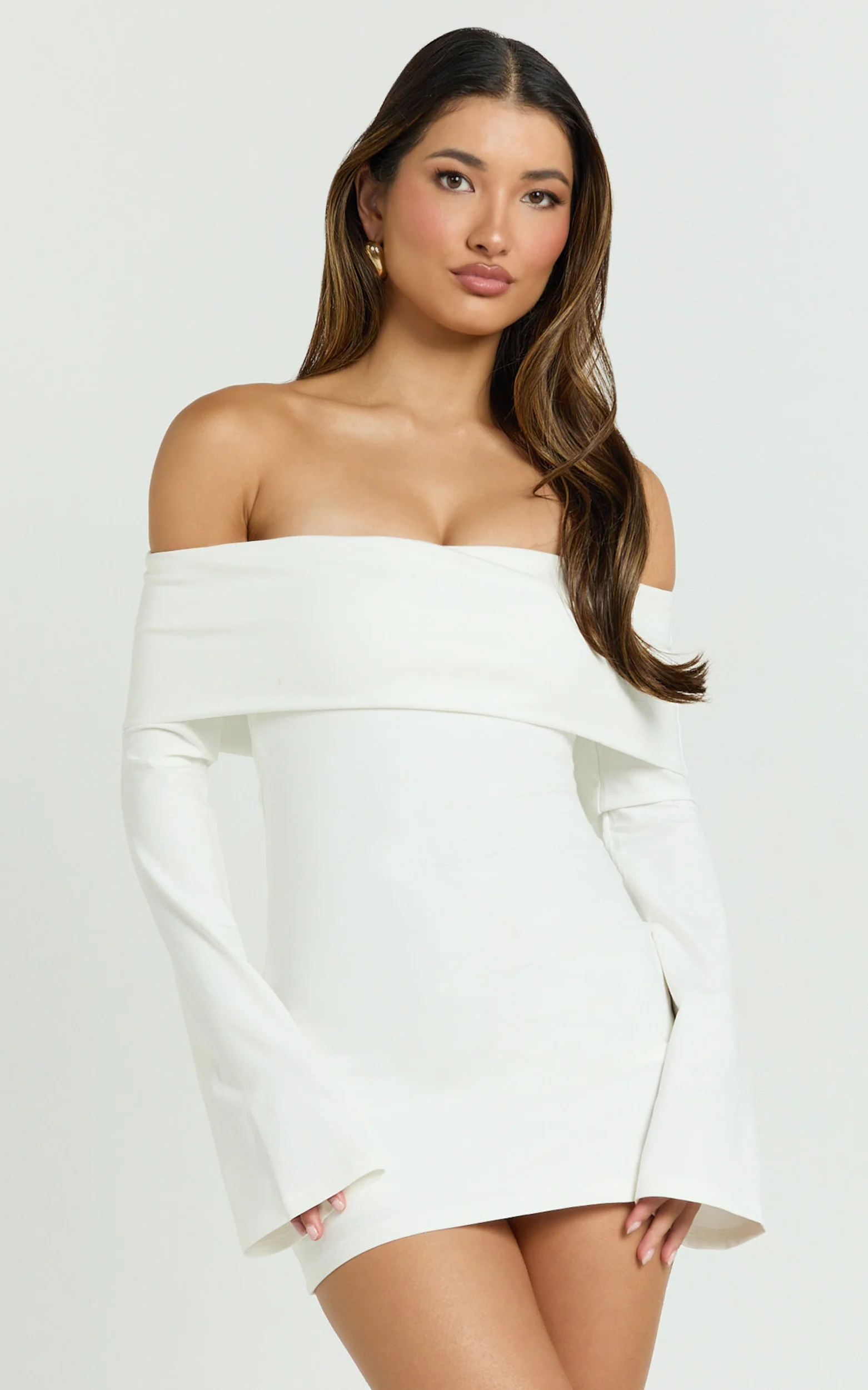Esme Mini Dress - Off Shoulder Wide Sleeve Fitted Skirt Dress in Off White