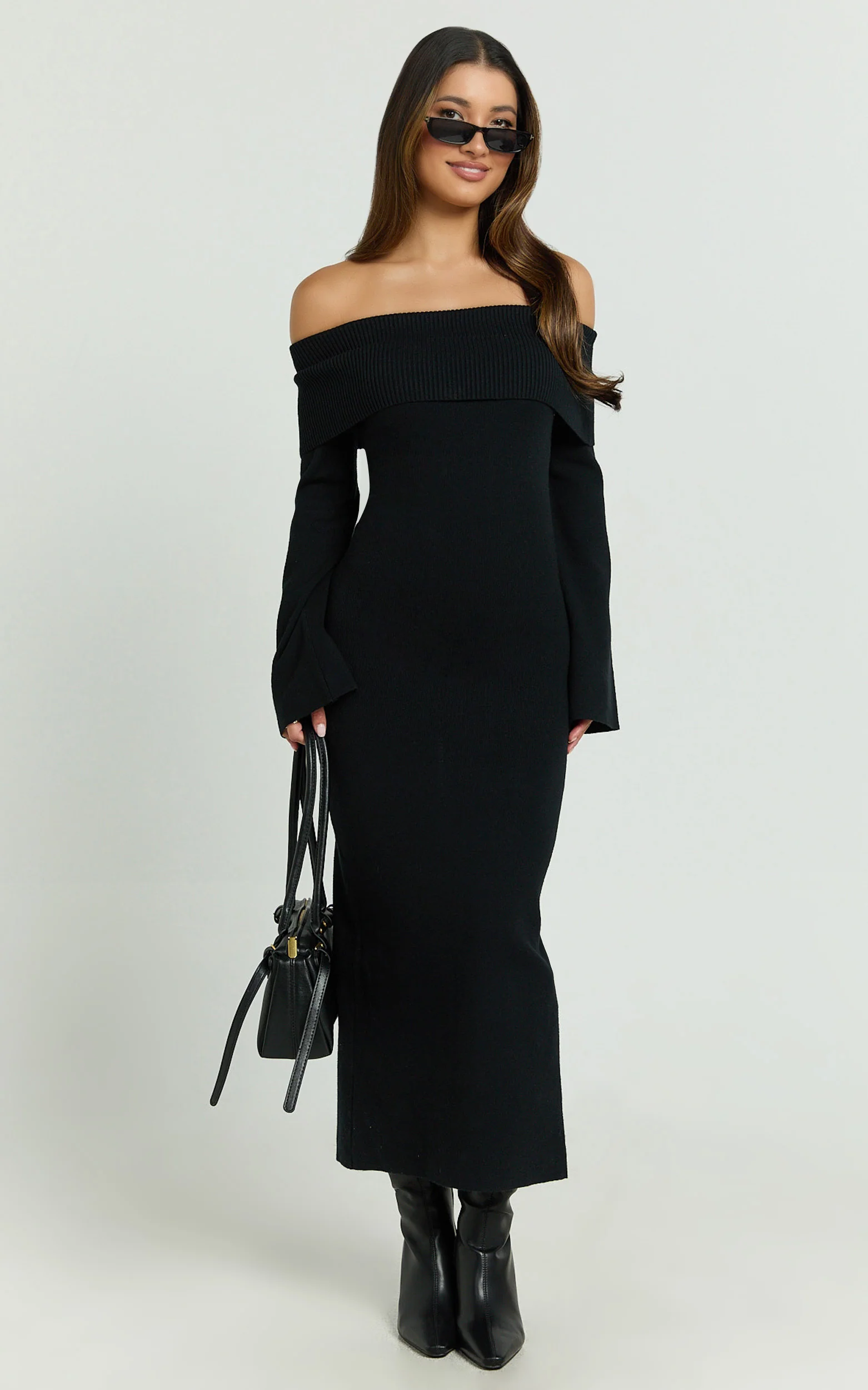 Maisie Midi Dress - Off Shoulder Long Sleeve Fitted Column Knit Dress in Black