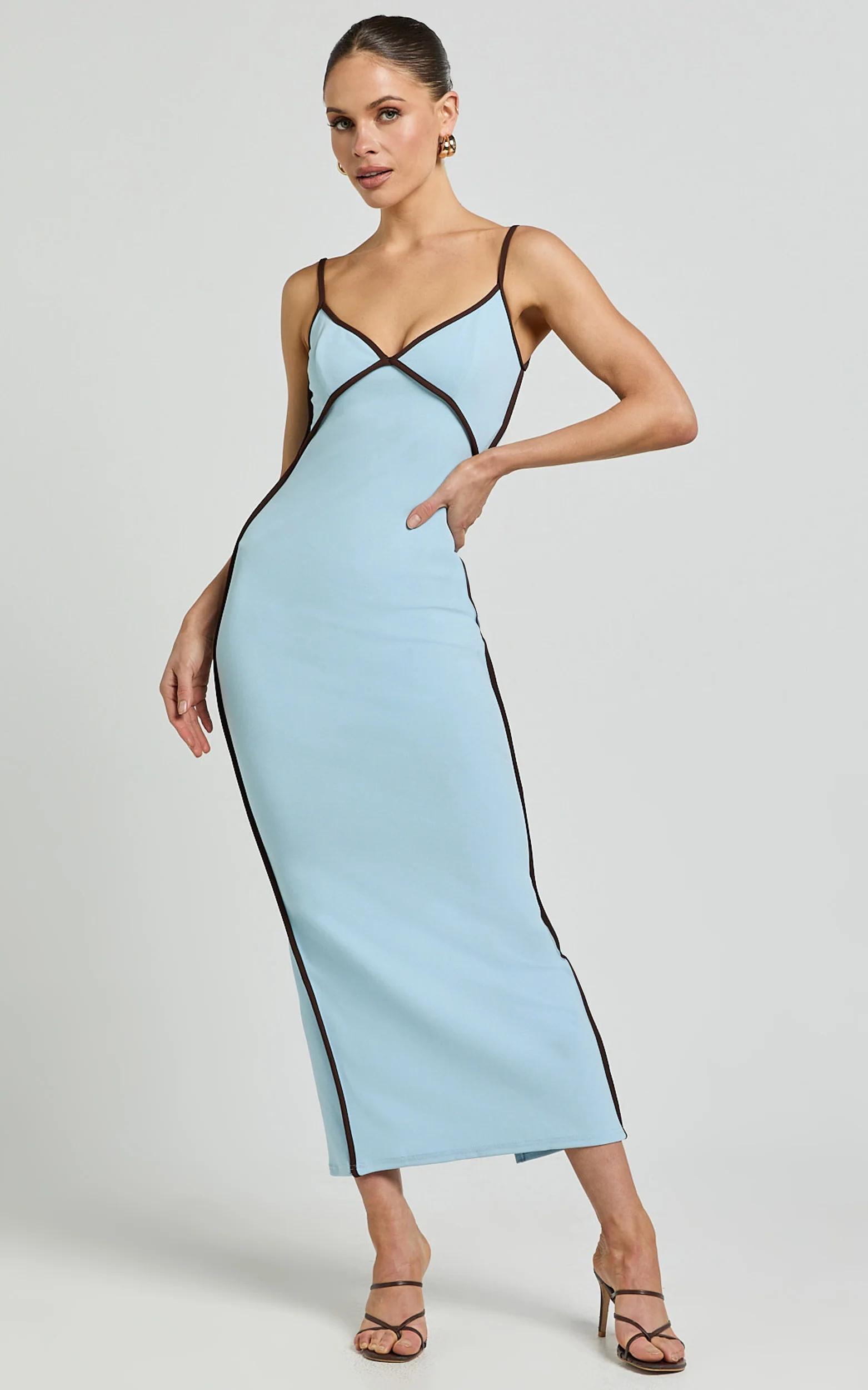 Ciara Midi Dress - V Neck Sleeveless Slip Dress in Blue
