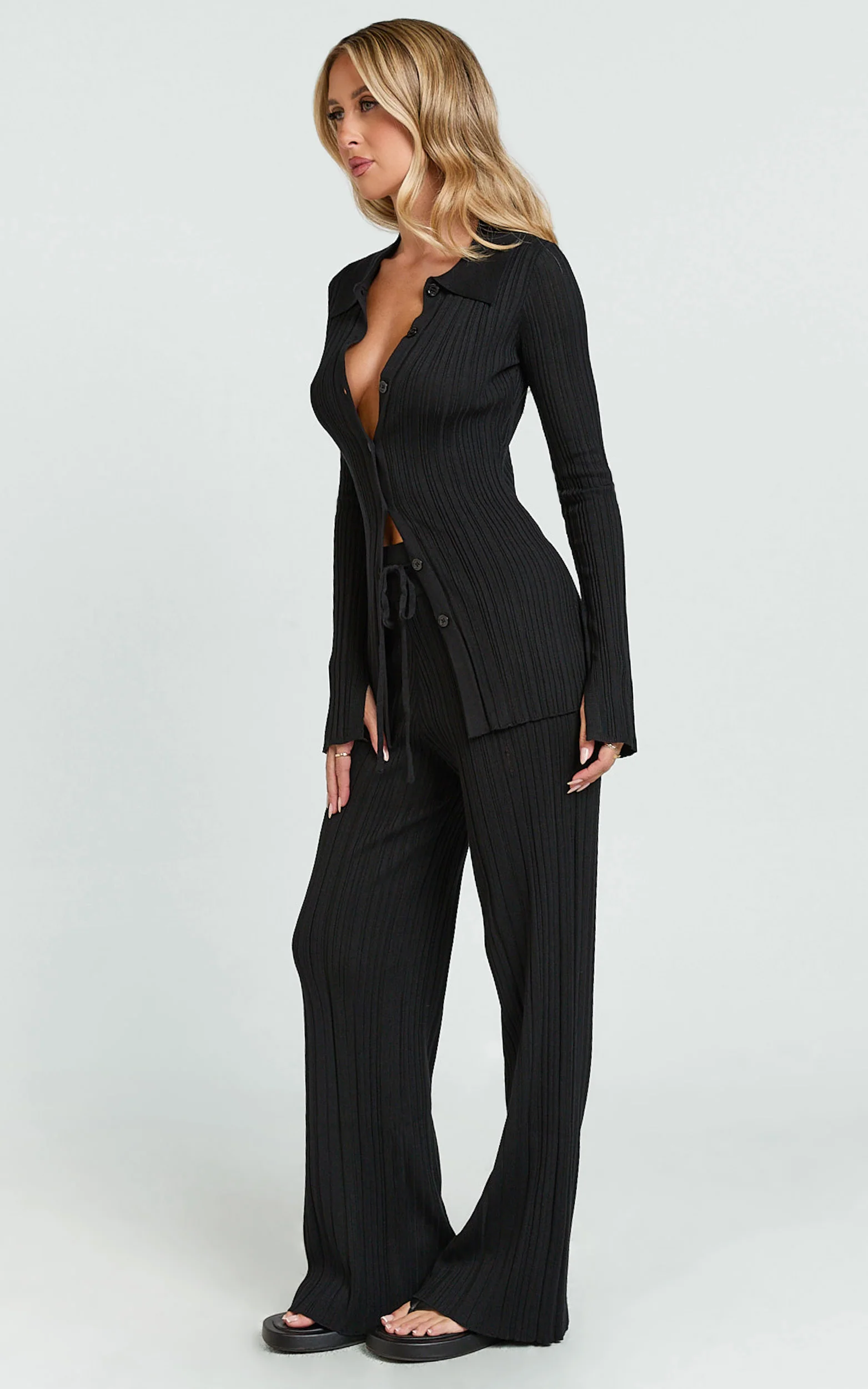 Kelsey Top - Button Through Long Sleeve Knitted Top in Black