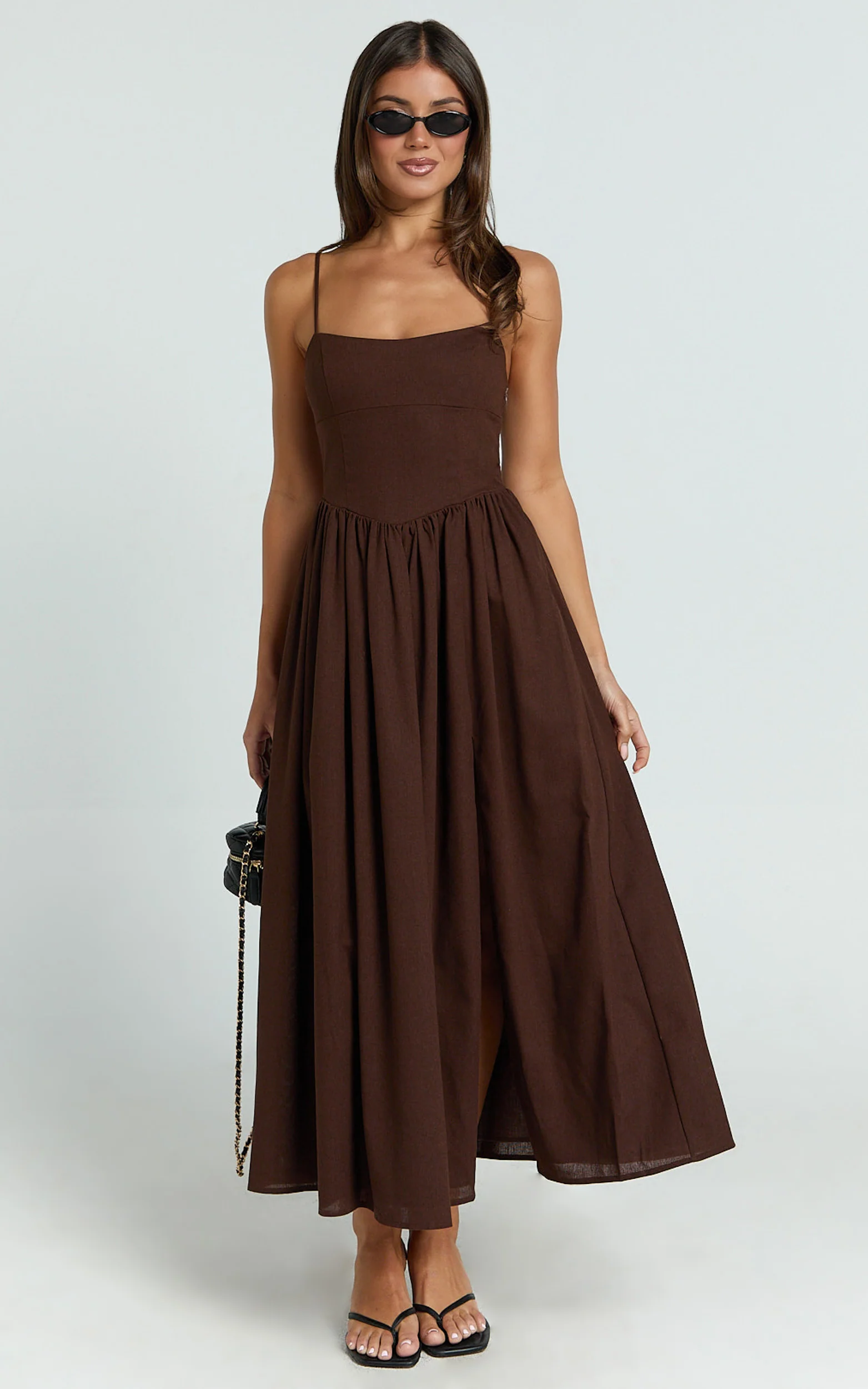 Morris Midi Dress - Linen Scoop Neck Gathered Dress in Chocolate