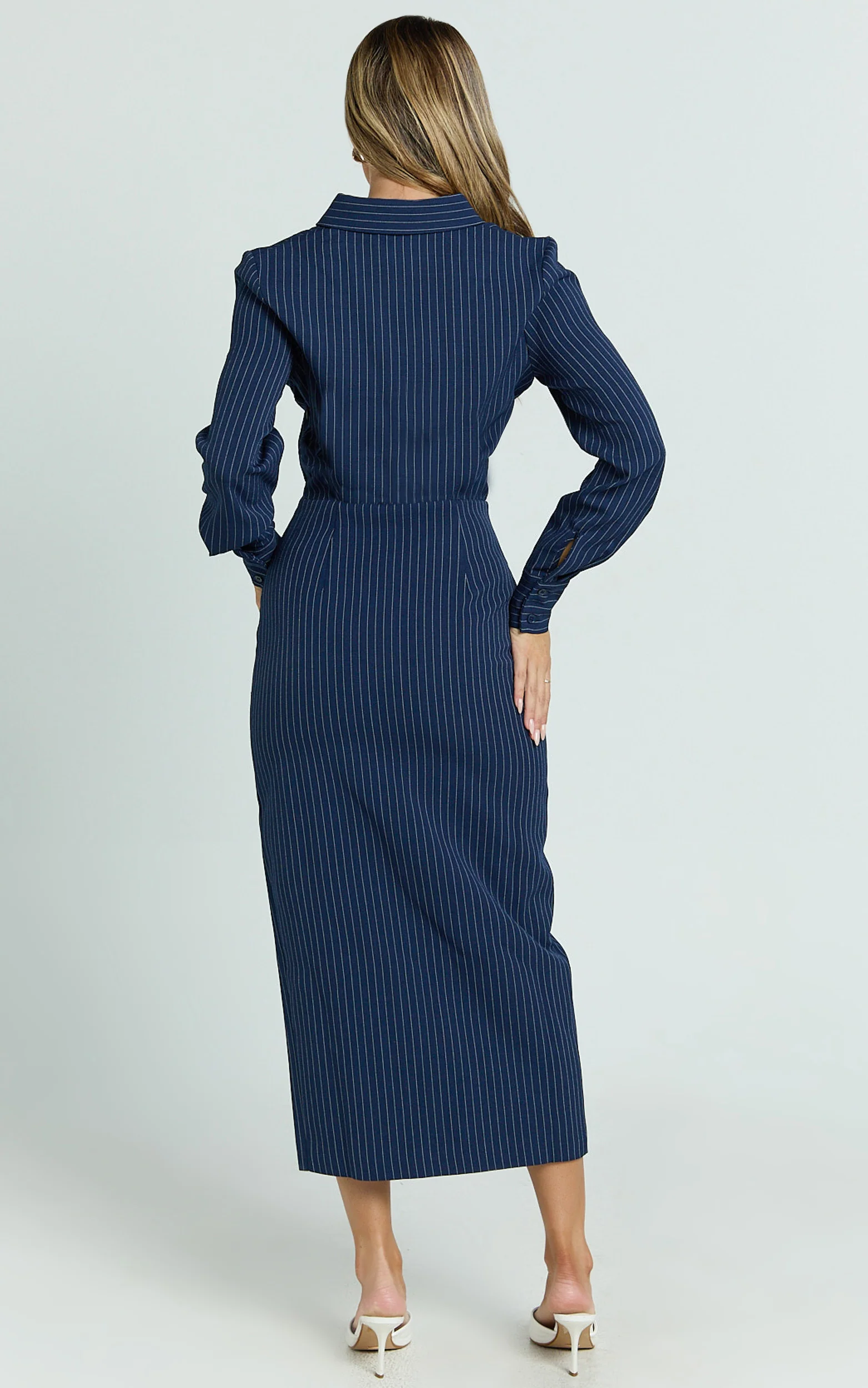 Ophelia Midi Dress - Collared Pinstripe Long Sleeve Fitted Dress in Navy