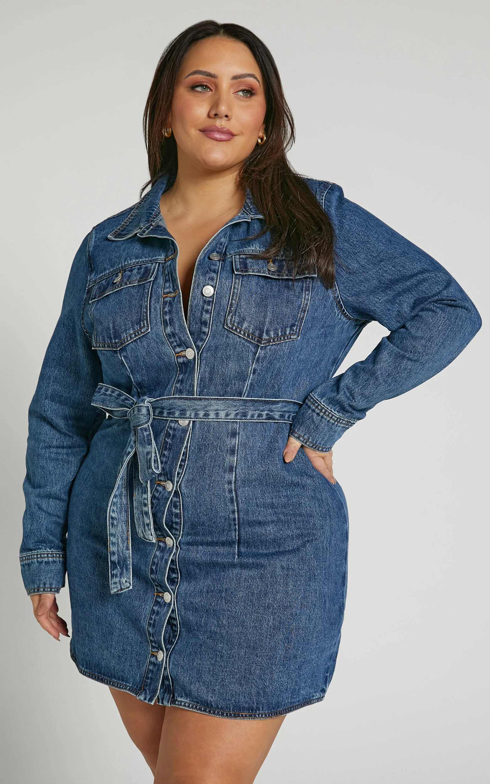 Enriquetta Mini Dress - Cotton Denim Long Sleeve Button Up Dress in Blue