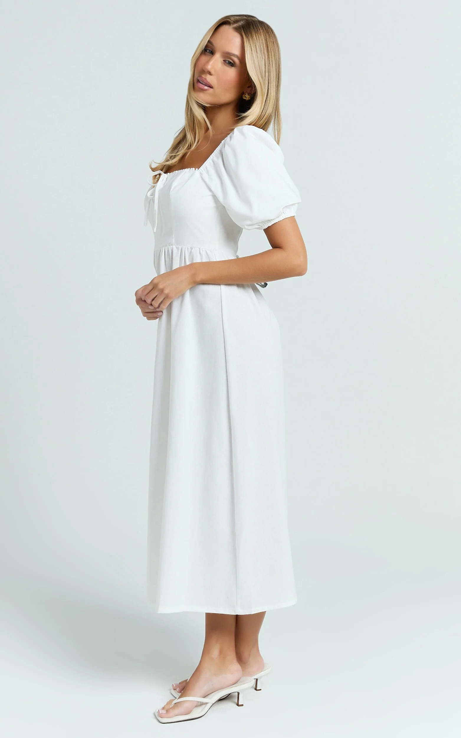 Quinn Midi Linen Blend Dress - Puff Sleeve Square Neck Dress in White