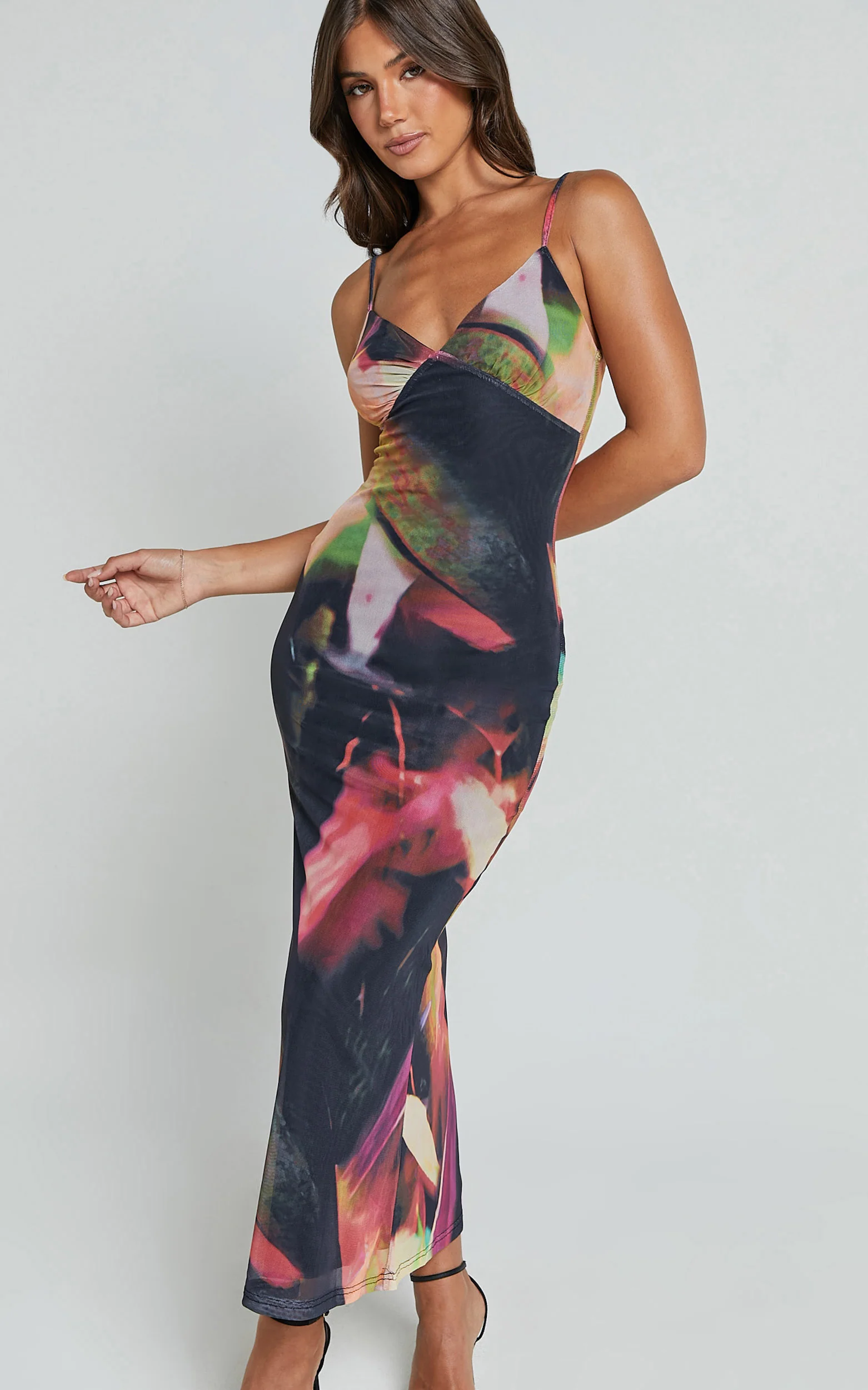 Rashida Midi Dress - V Neck Mesh Printed Dress in Floral Blur