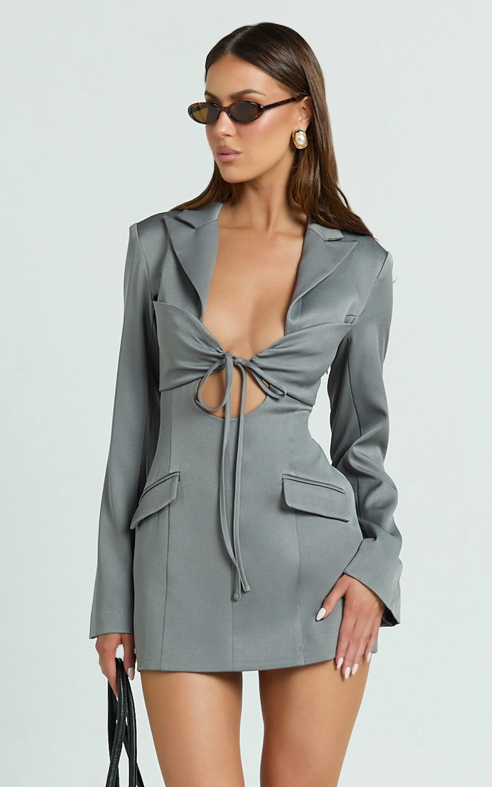 Jamaica Mini Dress - Cut Out Ruched Tie Front Fitted Blazer Dress in Grey