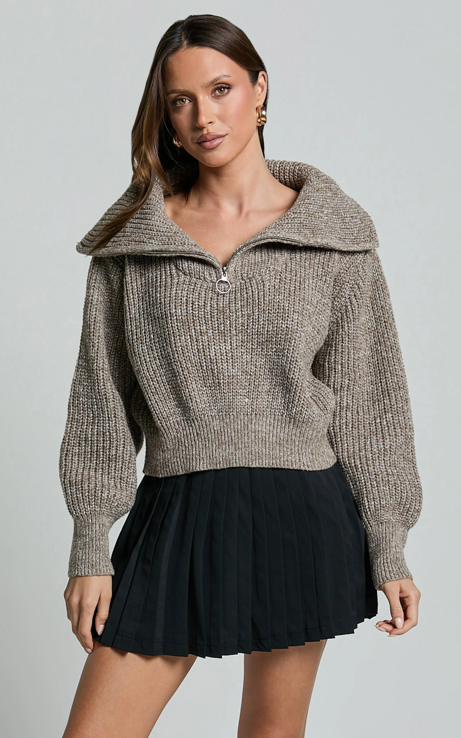 Ace Jumper - Chunky Quarter Zip Knit Jumper in Taupe