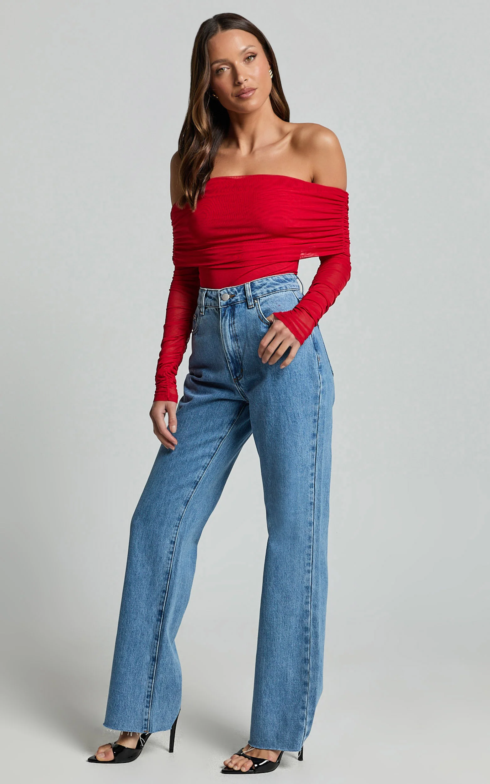 Jaythen Bodysuit - Long Sleeve Off Shoulder Ruched Mesh Bodysuit in Red