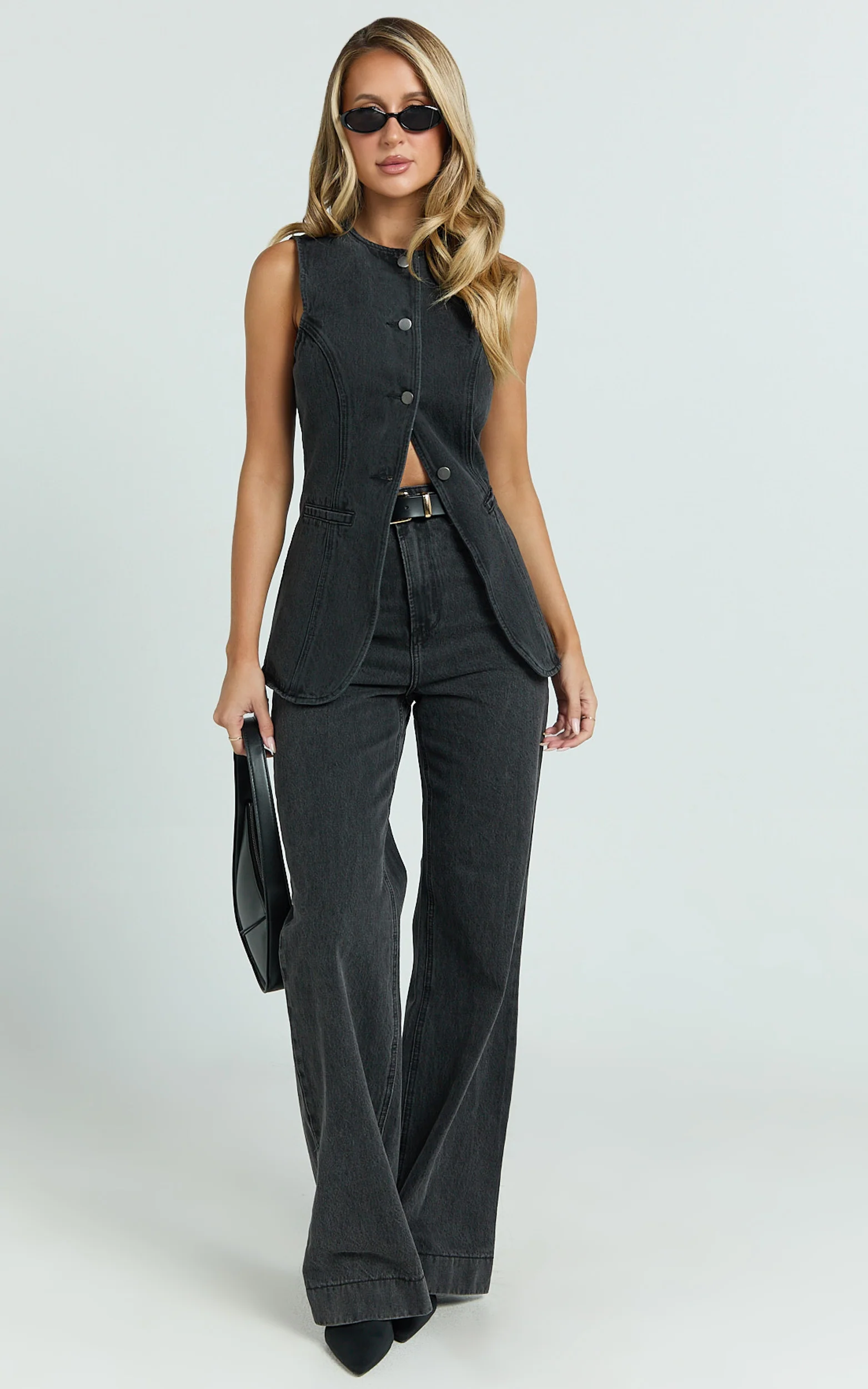 Rhianna Top - Button Down Longline Recycled Denim Vest Top in Black