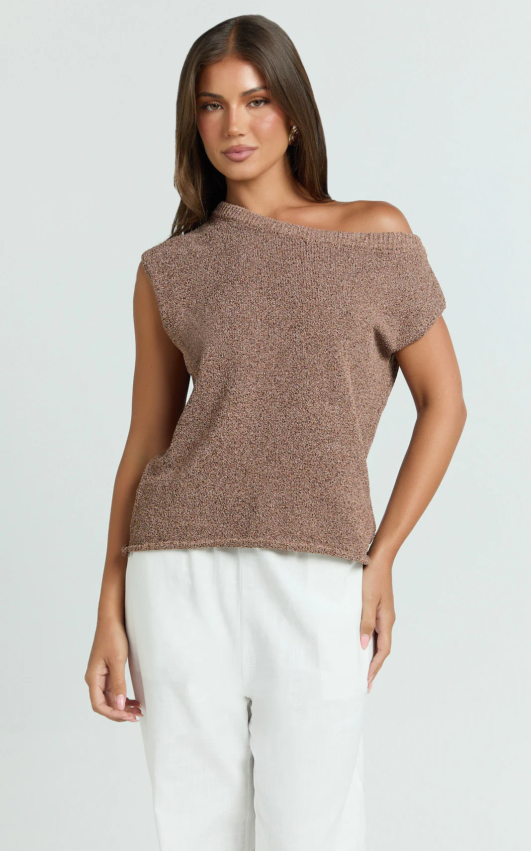 Marilou Top - Knit Off Shoulder Top in Brown
