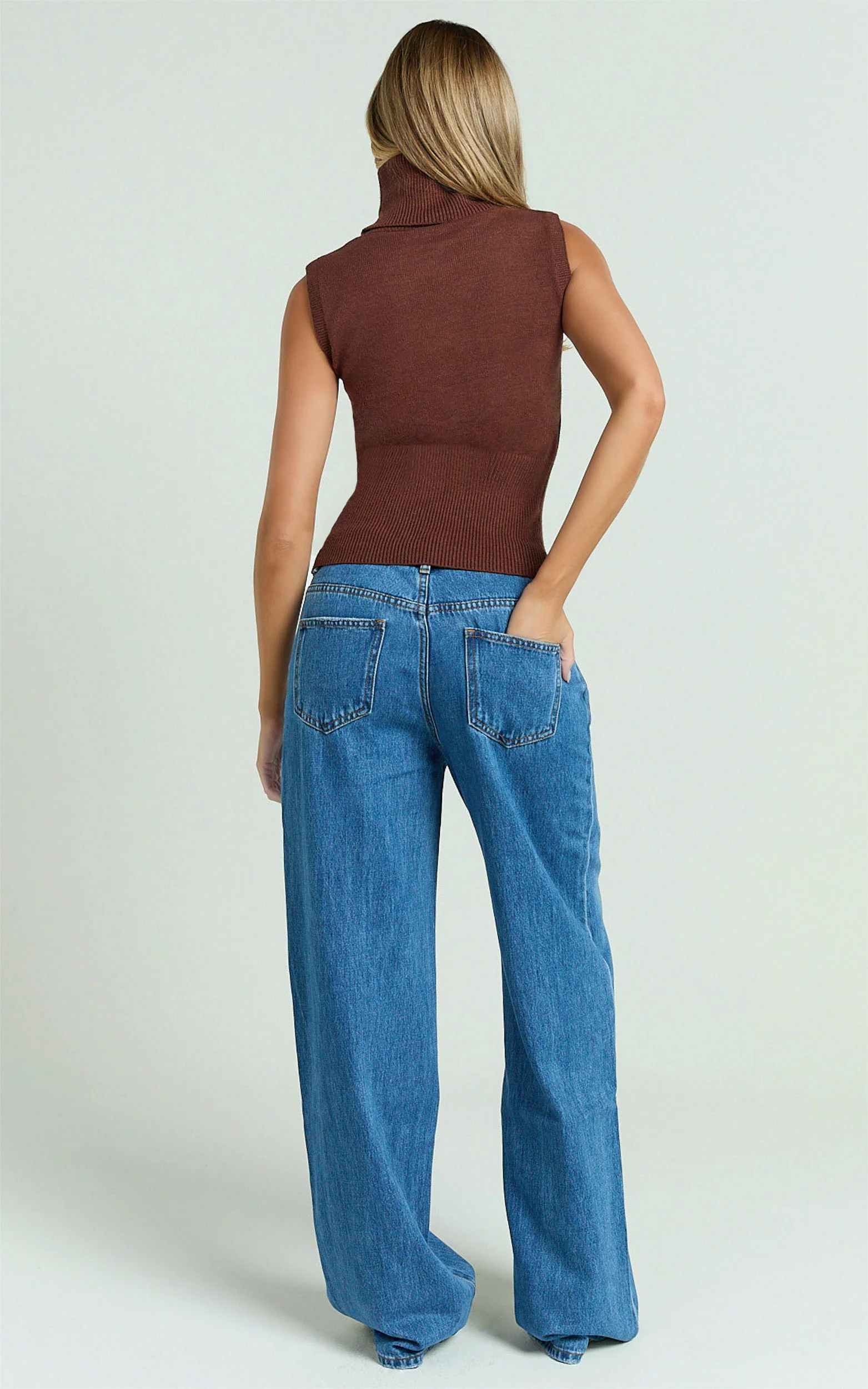 Aveline Top - Sleeveless Roll Neck Knitted Top in Chocolate