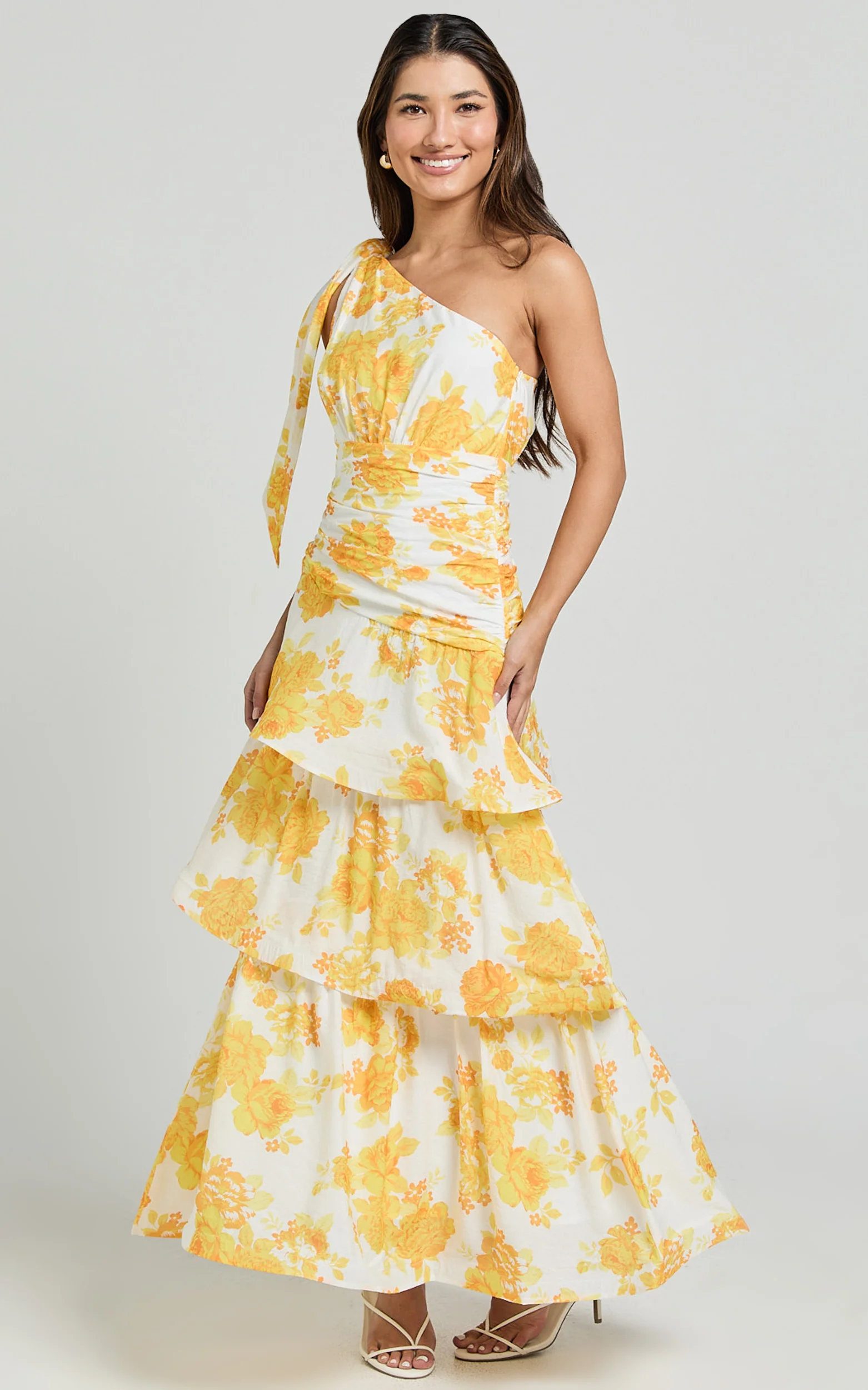 Krissy Midi Dress - Asymmetrical Tie Shoulder Layered Dress in Yellow Floral