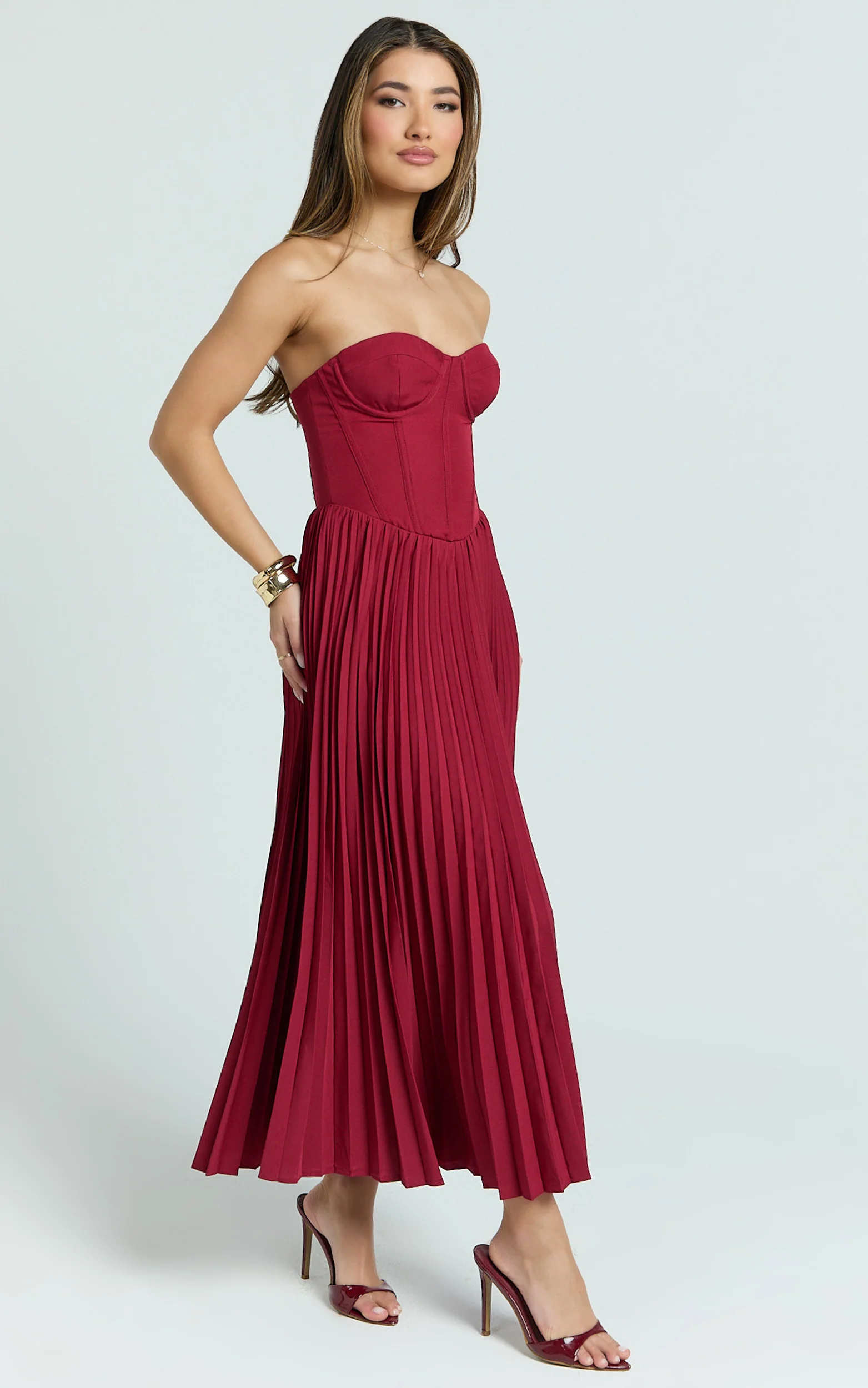 Loretta Midi Dress - Lace Up Back Bustier Pleated Dress in Wine