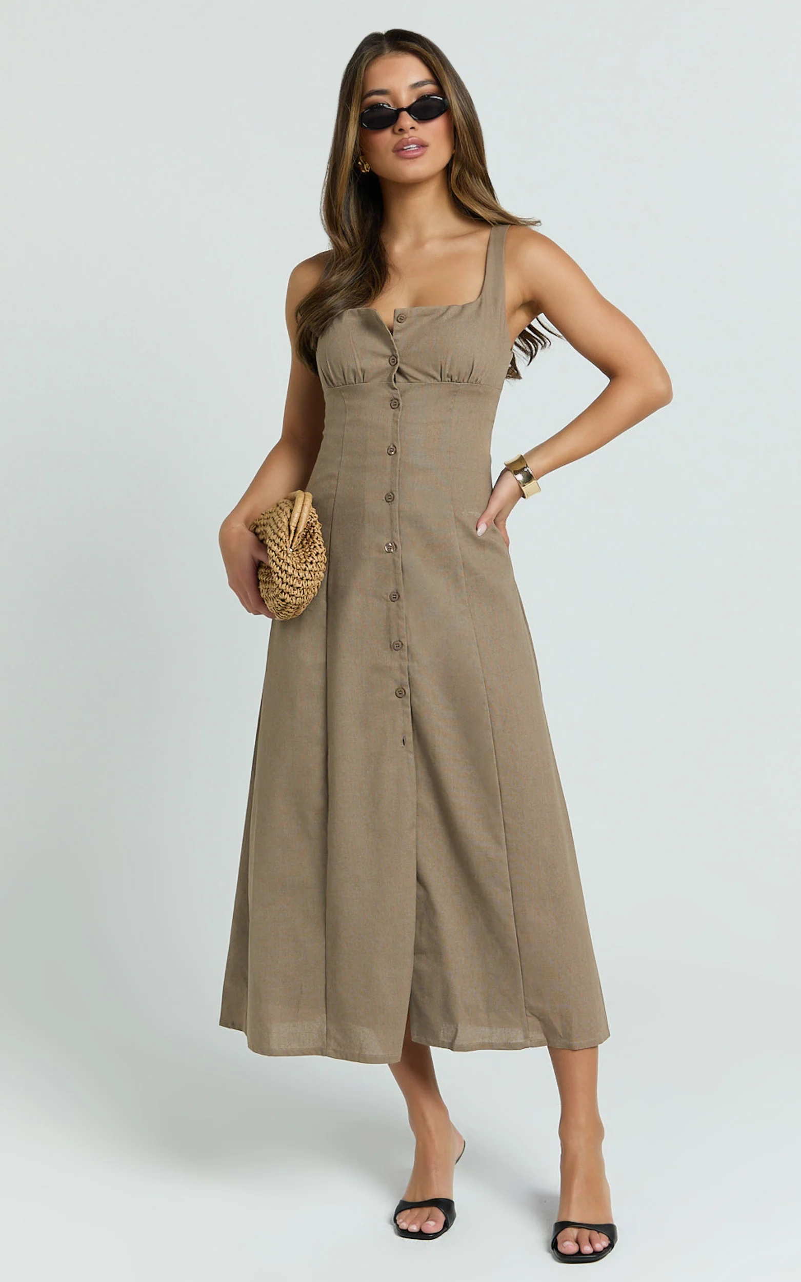 Cameron Midi Dress - Button Front Tie Back Dress in Mocha