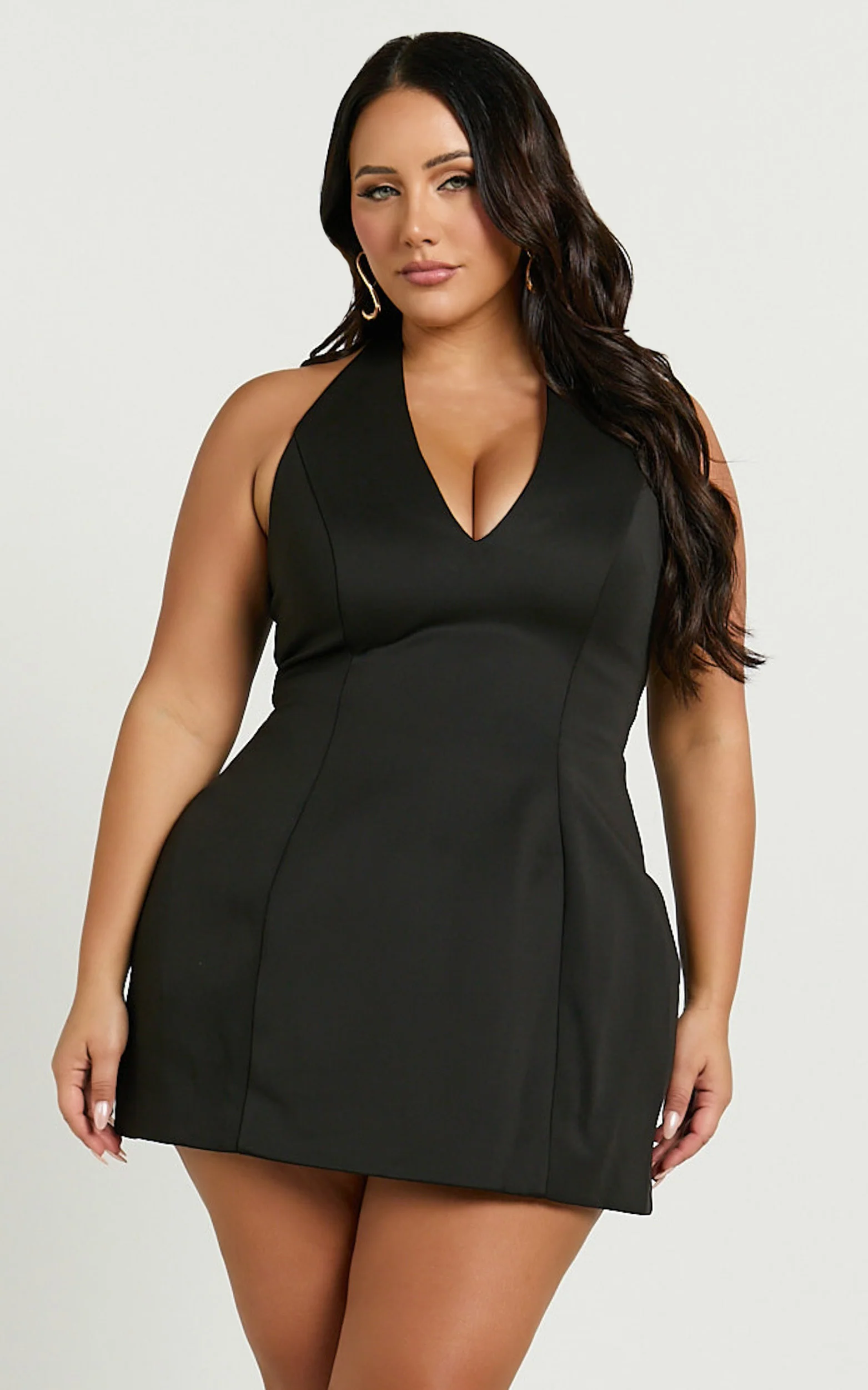 Gaia Mini Dress - Plunge Halter Fit and Flare Dress in Black